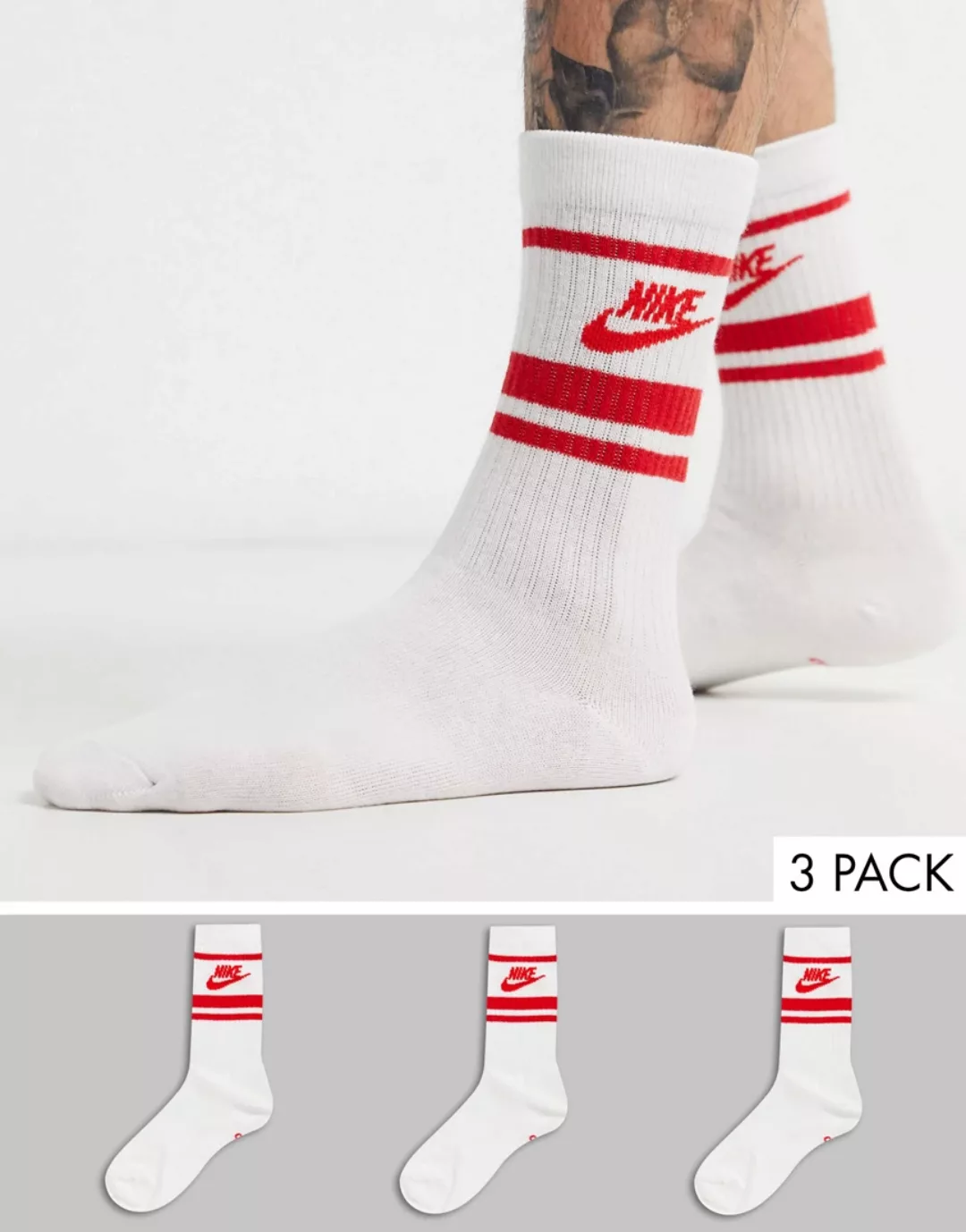 Nike – Essential – Gestreifte Socken in Weiß mit rotem Logo, 3er Pack günstig online kaufen