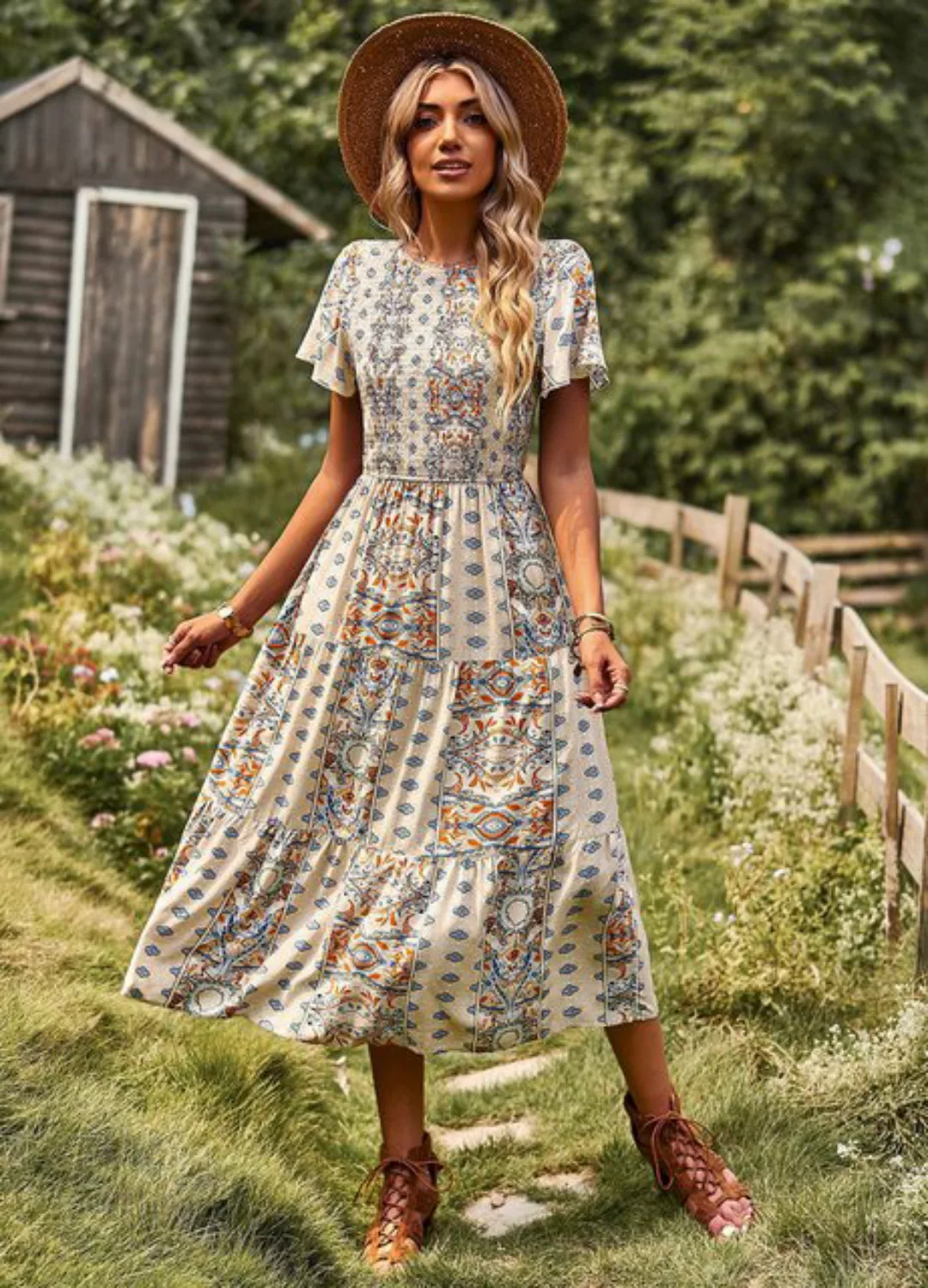 DEBAIJIA Dirndl Sommerkleid Damen Böhmen Kleid Frauen Bedruckter Lässiger S günstig online kaufen