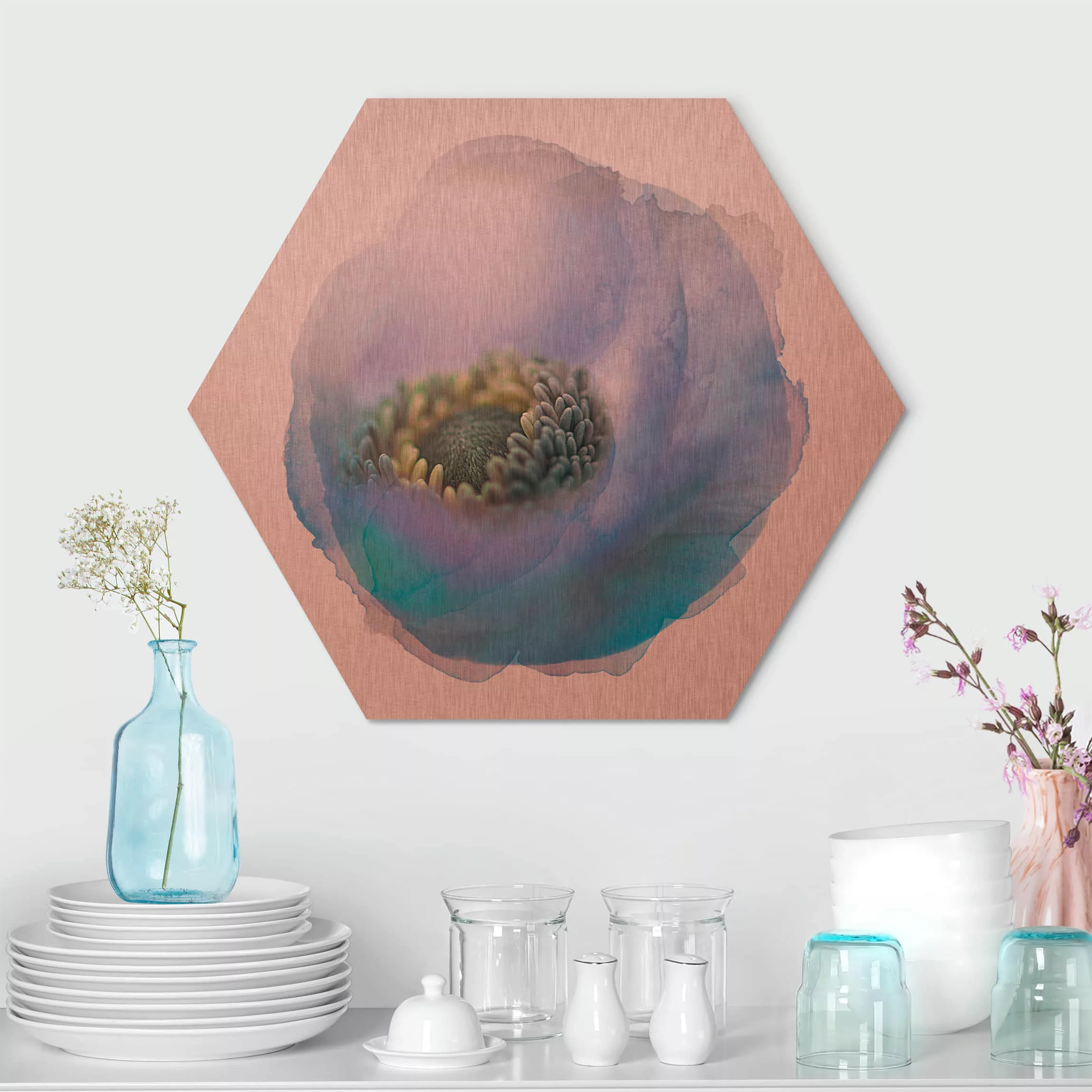 Hexagon-Alu-Dibond Bild Blumen Wasserfarben - Anemone auf dem Fluss günstig online kaufen