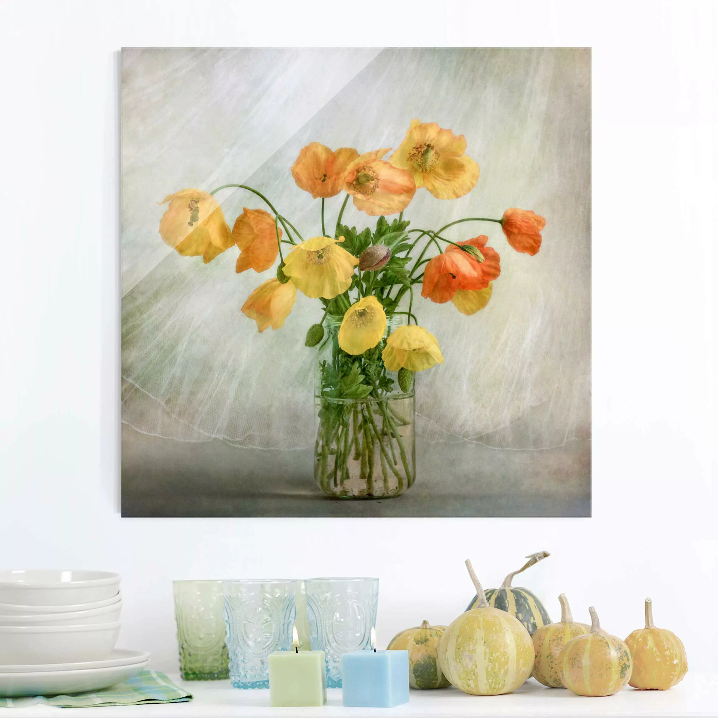 Glasbild Blumen - Quadrat Mohnblumen in einer Vase günstig online kaufen
