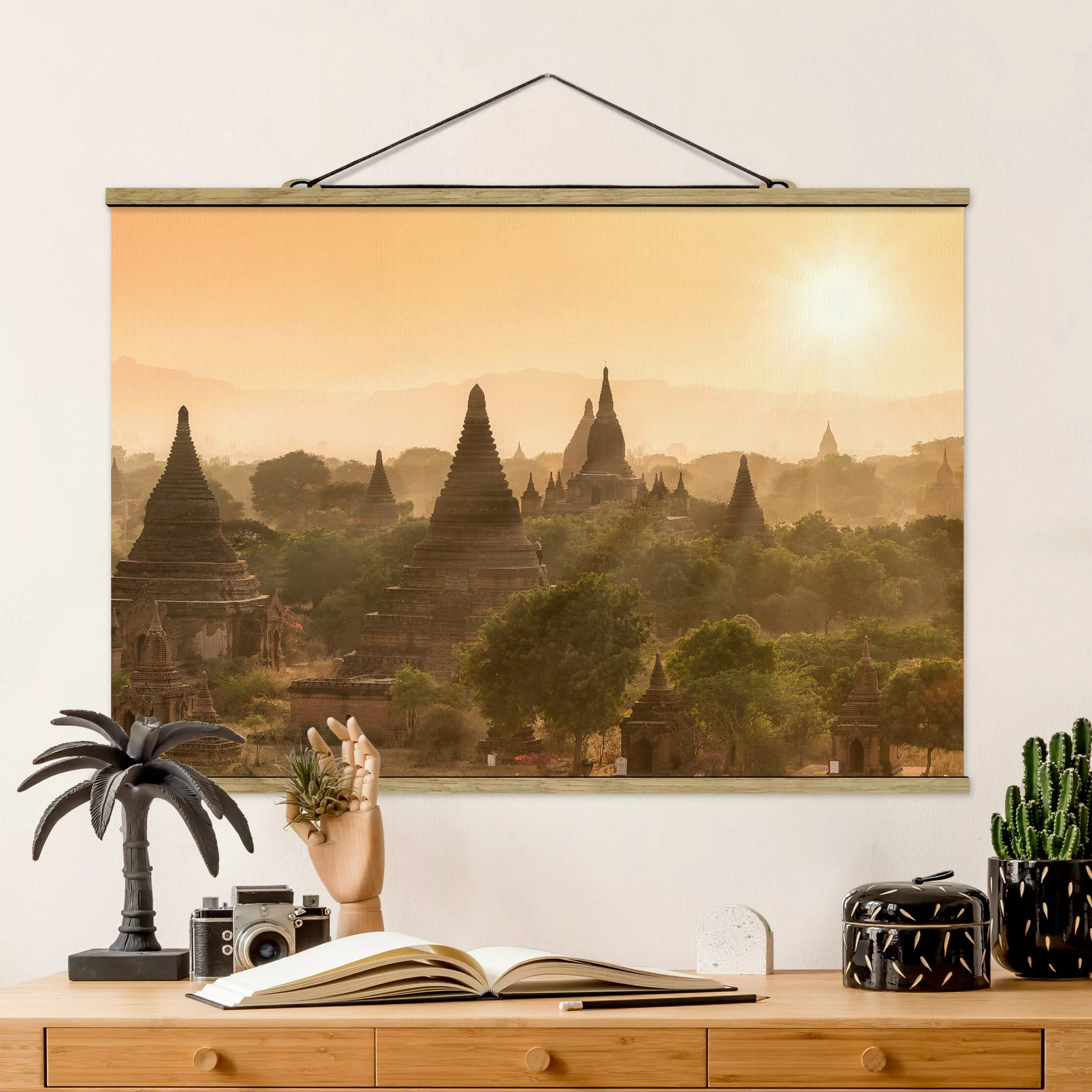 Stoffbild mit Posterleisten Sonnenuntergang über Bagan günstig online kaufen