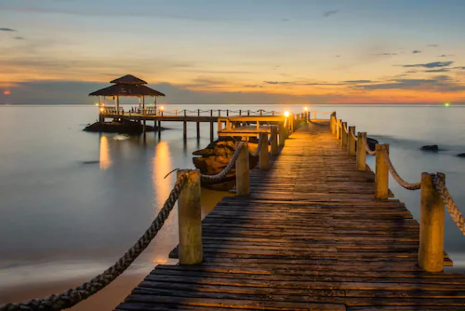 Papermoon Fototapete »Wooded bridge pier between sunset« günstig online kaufen