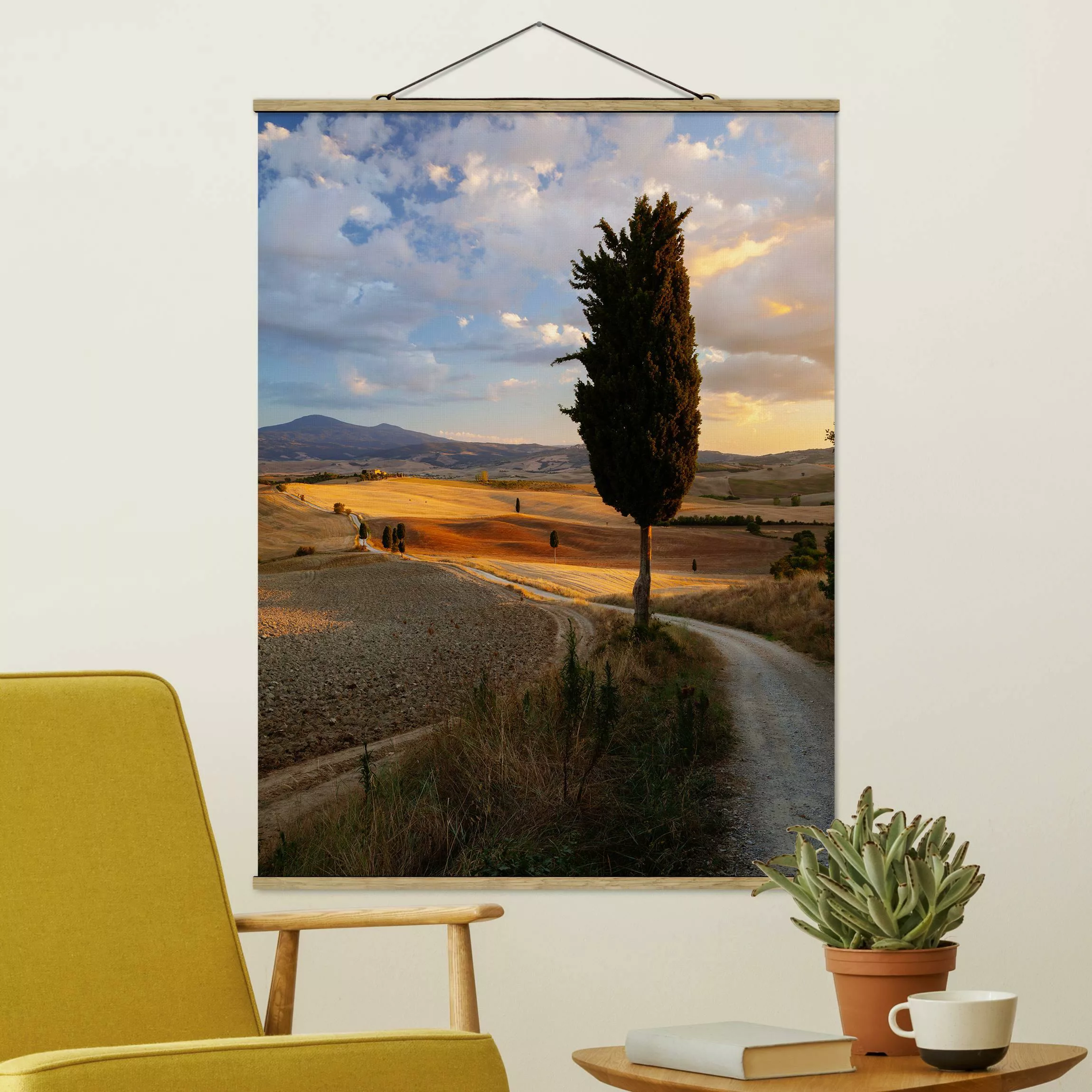 Stoffbild mit Posterleisten Feldweg mit Baum günstig online kaufen