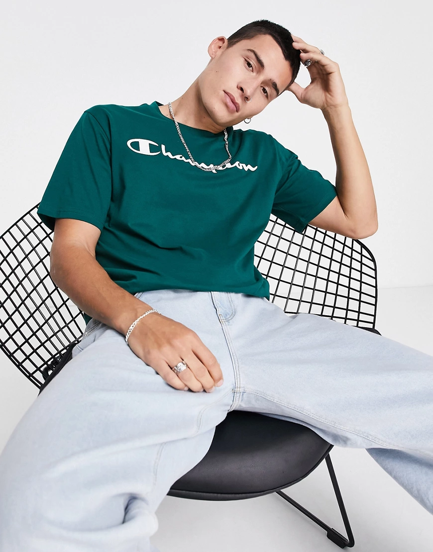 Champion – Grünes T-Shirt mit großem Logo günstig online kaufen