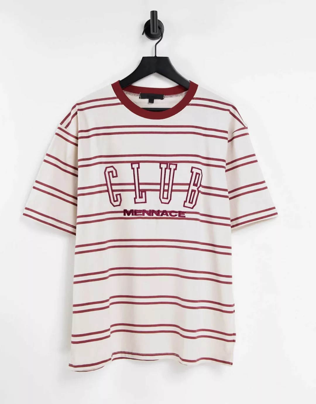 Mennace – Kastiges T-Shirt in gebrochenem Weiß mit roten Querstreifen und L günstig online kaufen