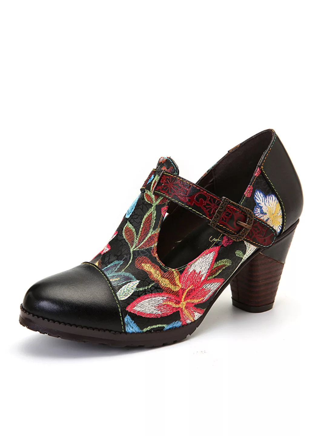 SOCOFY Folkways Colorful Blumen nähen echtes Leder Retro T-Strap Kleid Pump günstig online kaufen