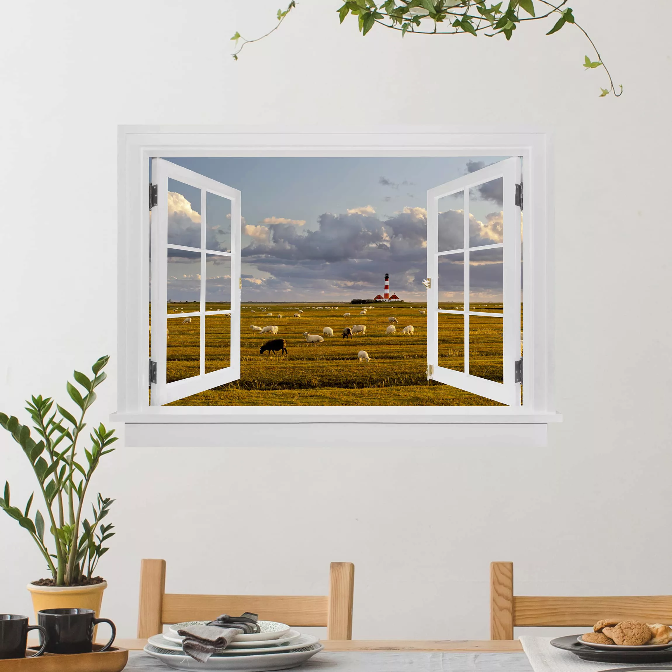 3D Wandtattoo Offenes Fenster Nordsee Leuchtturm mit Schafsherde günstig online kaufen