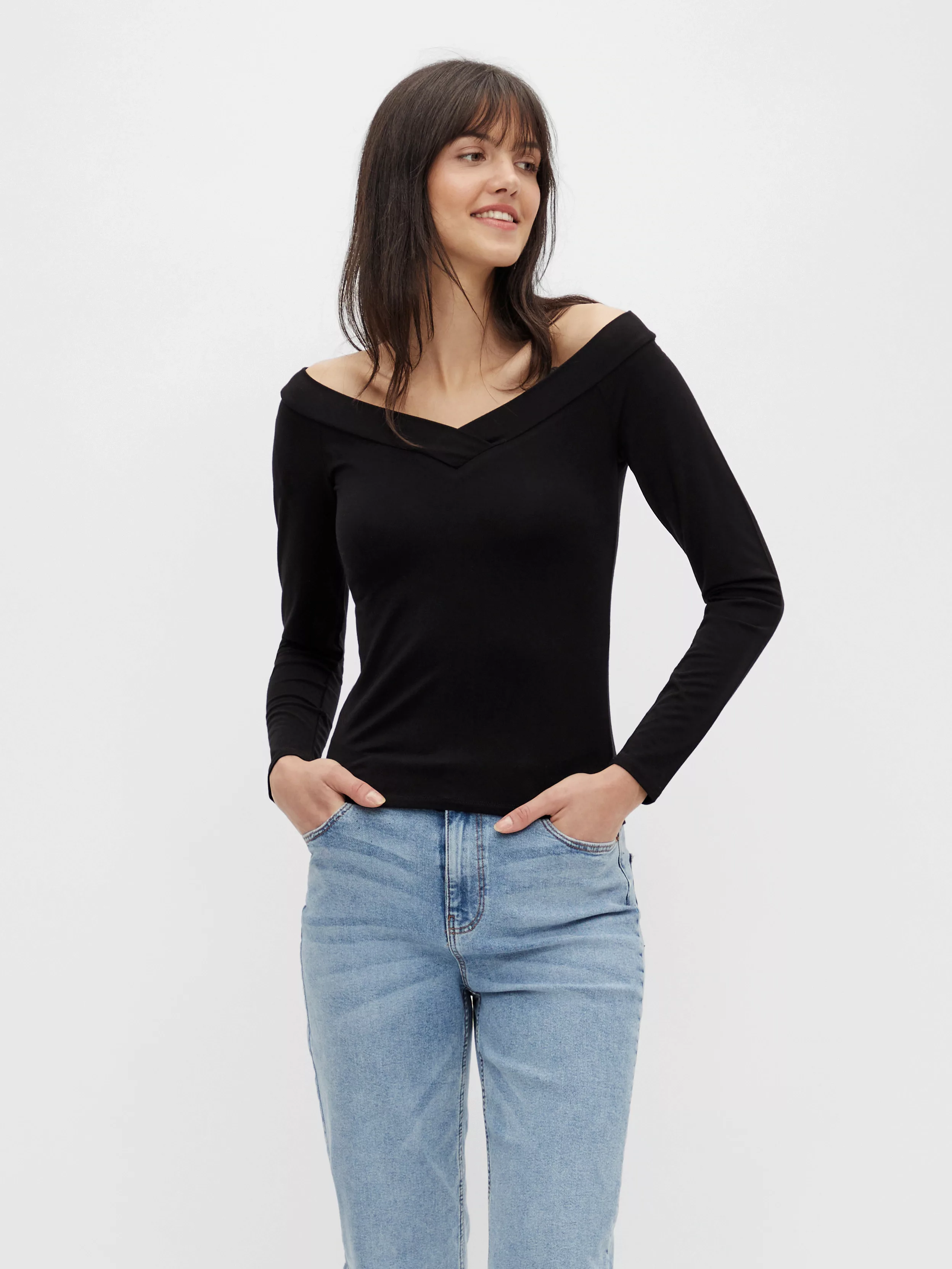 pieces Langarmshirt "PCMALIVA LS OFF SHOULDER V-NECK TOP NOOS" günstig online kaufen