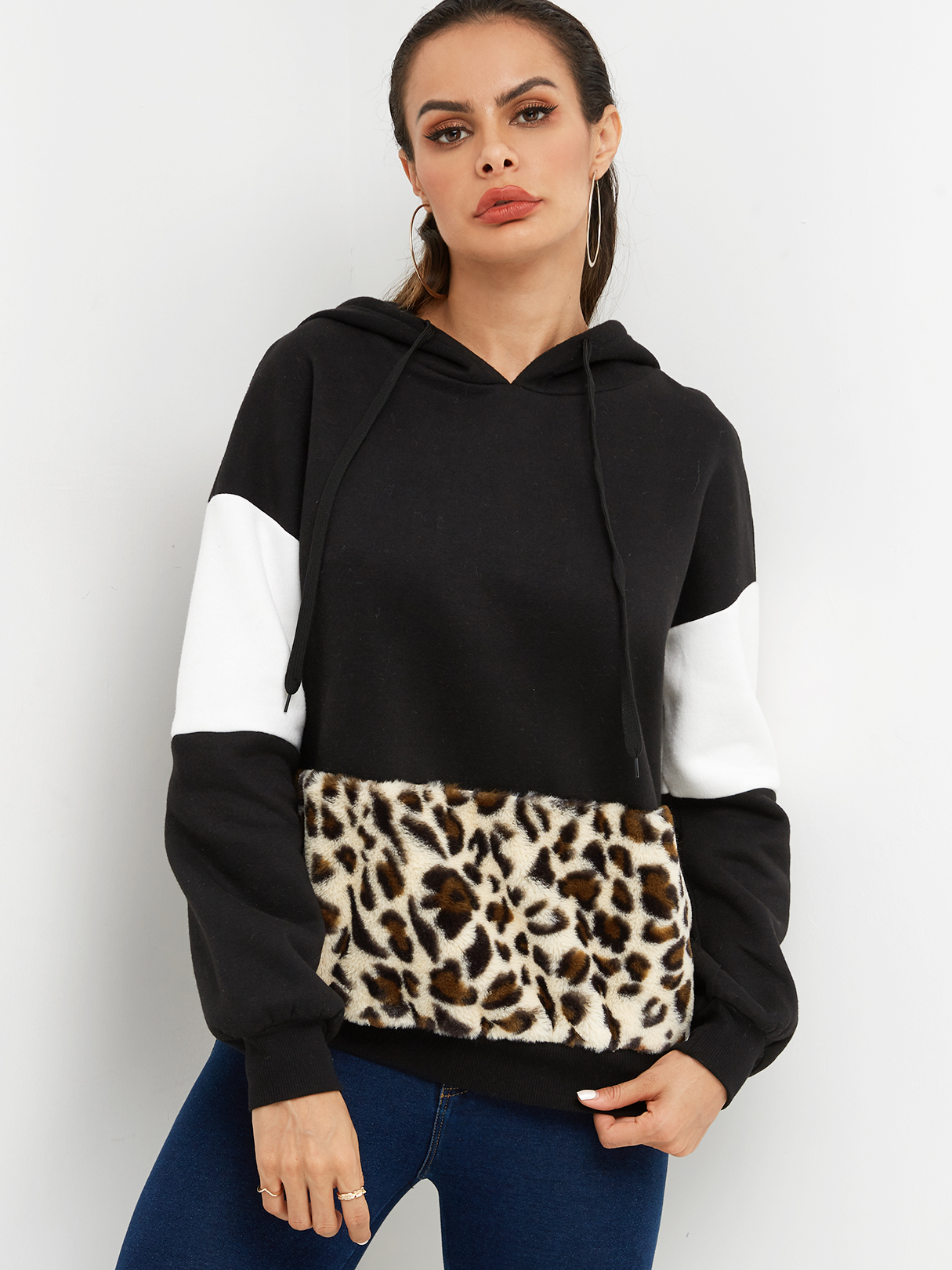 Fashion Color Block Leopard Langarm Kapuzenpullover günstig online kaufen
