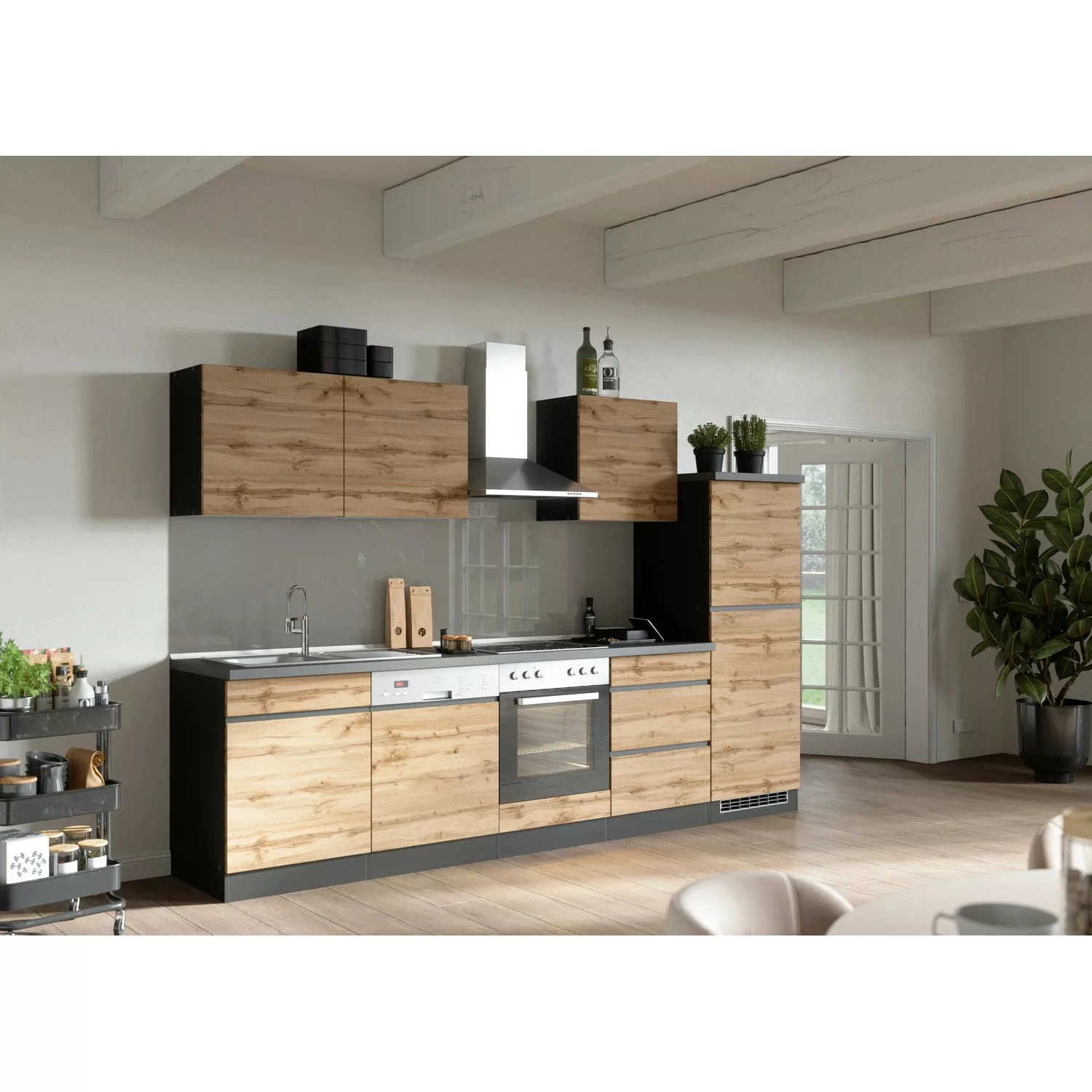 Held Möbel Küchenzeile Turin 300 cm Wotaneiche-Graphit mit E-Geräten günstig online kaufen