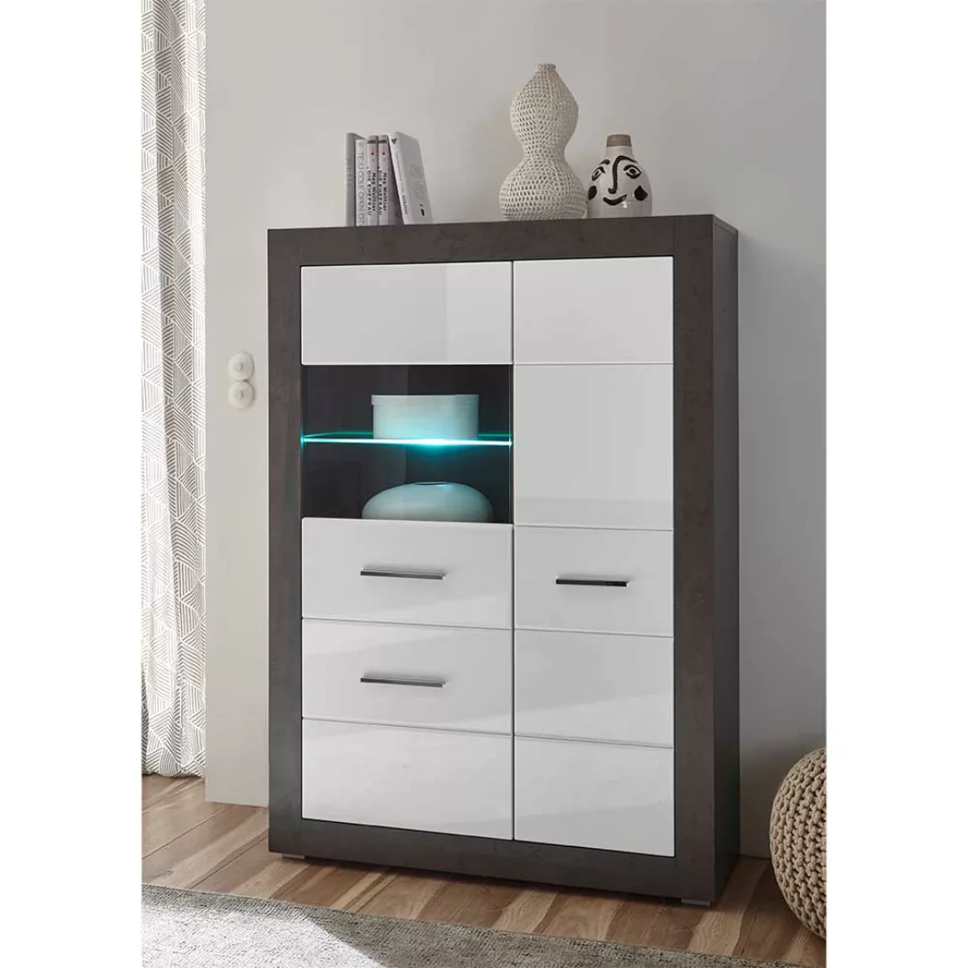 Wohnzimmer Highboard in Weiß Hochglanz und Beton Grau Glastür günstig online kaufen