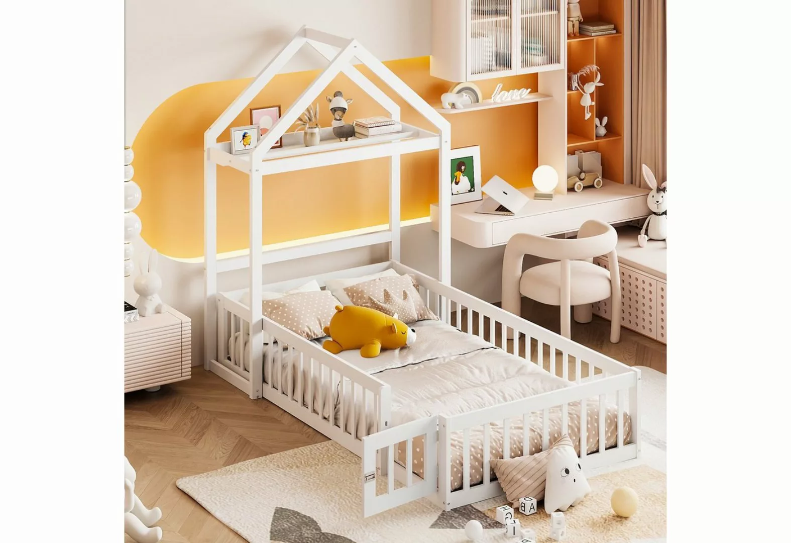 Odikalo Kinderbett Bettgestell 90x200 Massivholz Stauraum Schutzgitter Dach günstig online kaufen