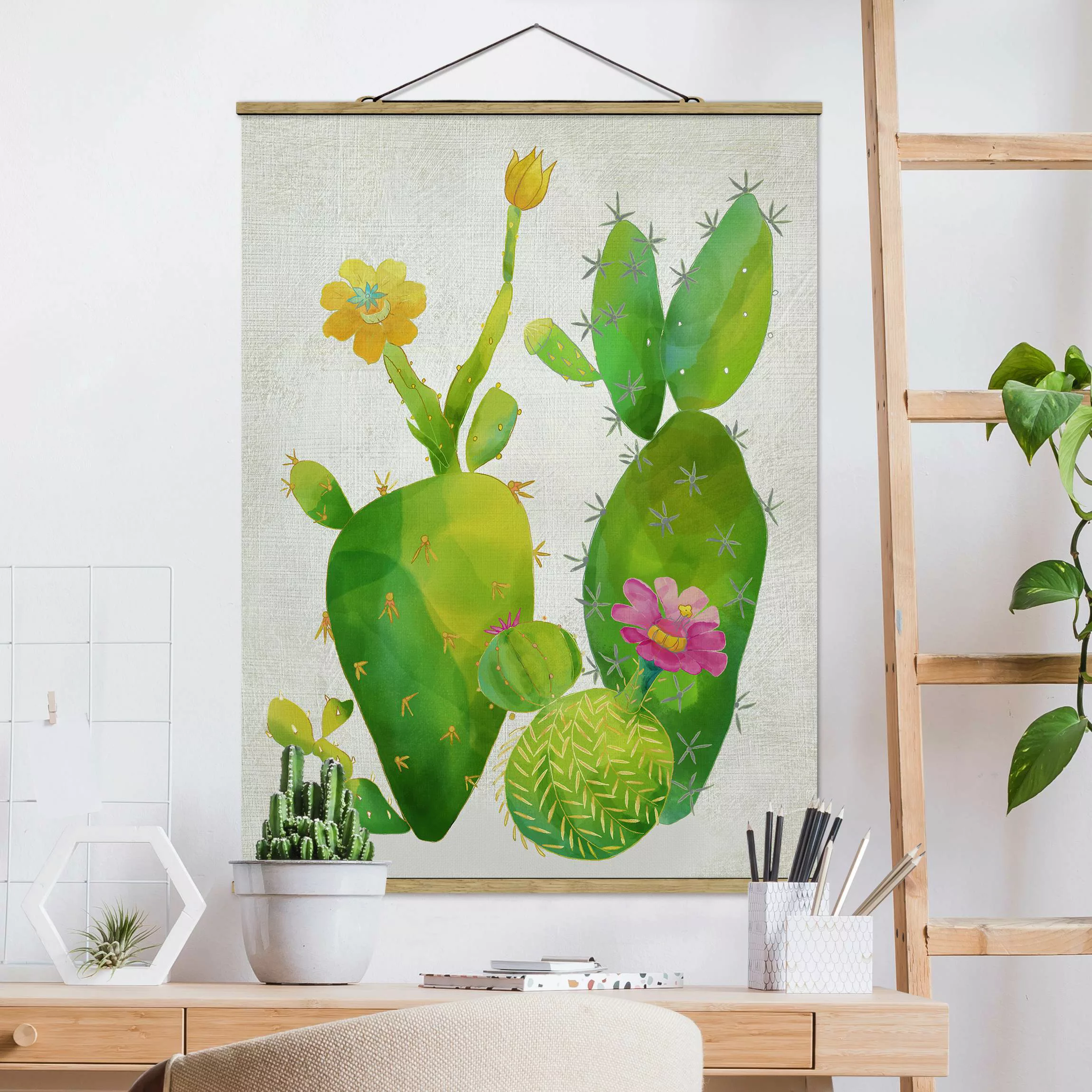 Stoffbild Blumen mit Posterleisten - Hochformat Kaktusfamilie rosa gelb günstig online kaufen