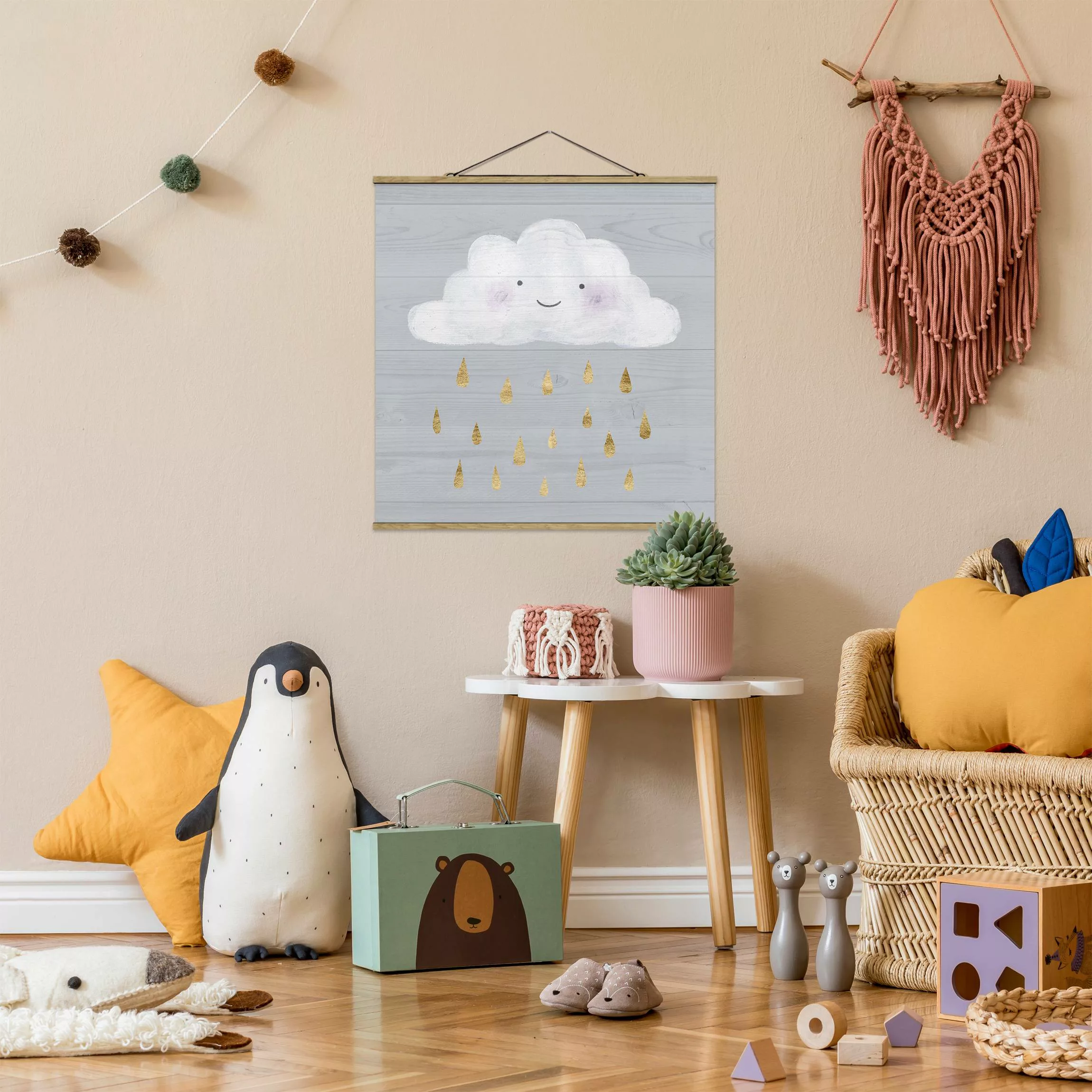 Stoffbild Kinderzimmer mit Posterleisten - Quadrat Wolke mit goldenen Regen günstig online kaufen