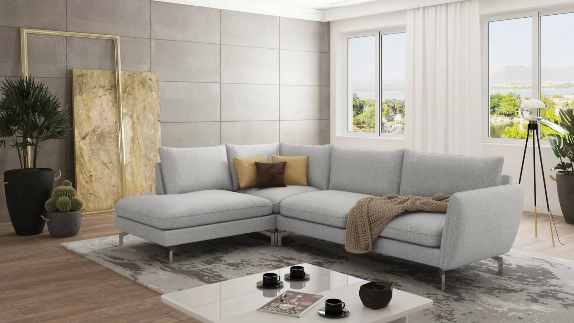 S-Style Möbel Ecksofa Benita mit Silber Metall Füßen, Ottomane links oder r günstig online kaufen