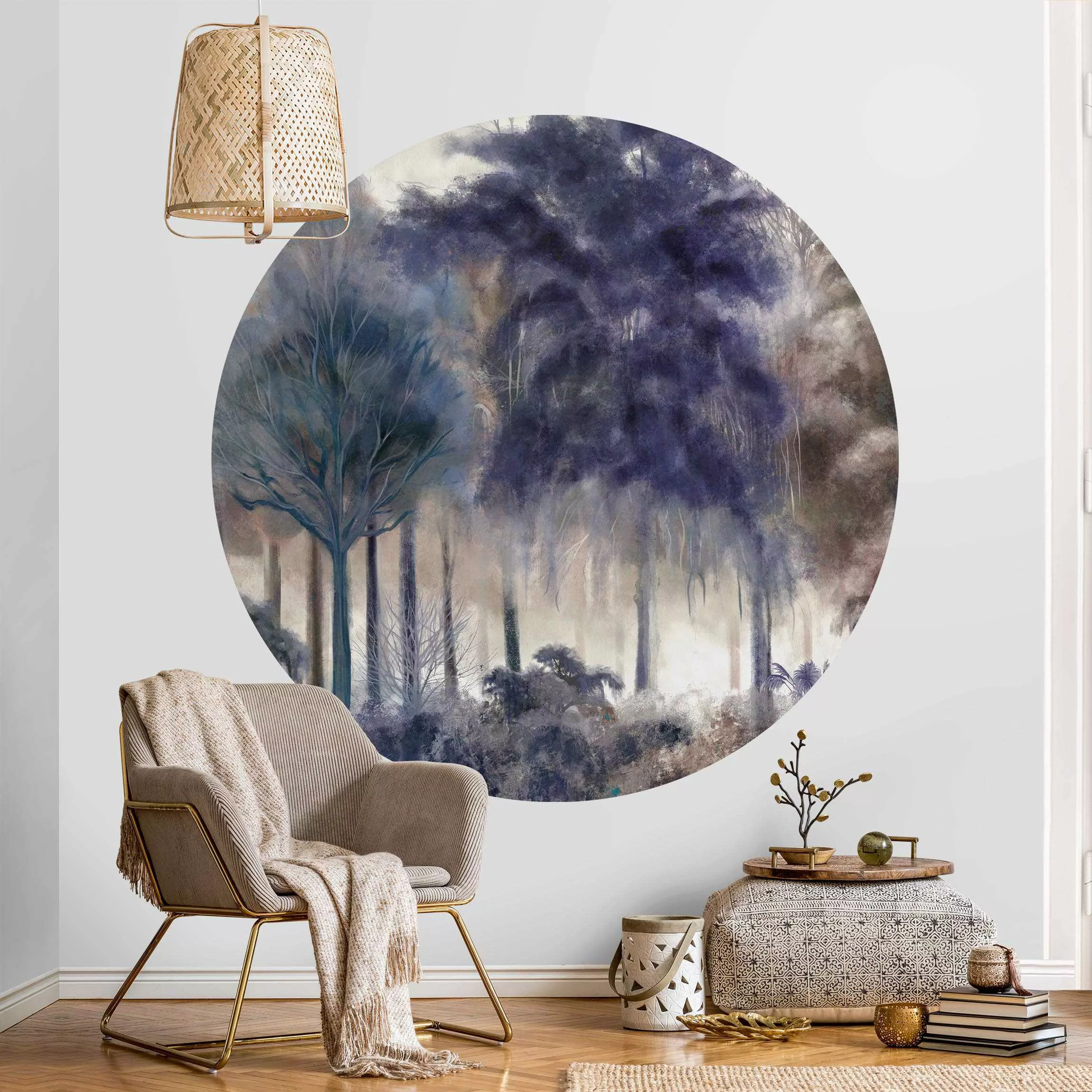 Runde Tapete selbstklebend Blaue Wald Malerei günstig online kaufen