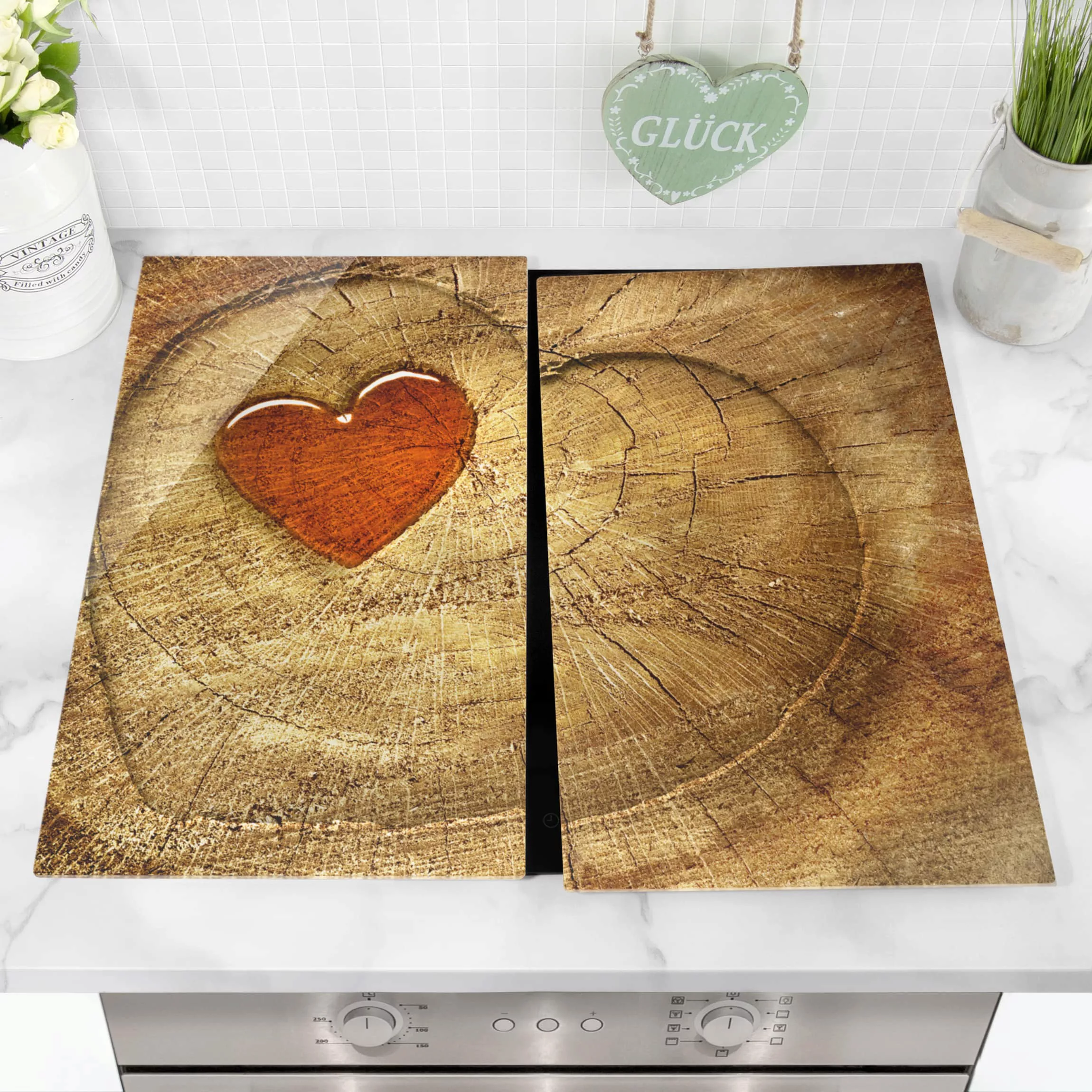 2-teilige Herdabdeckplatte Glas Holzoptik Natural Love günstig online kaufen