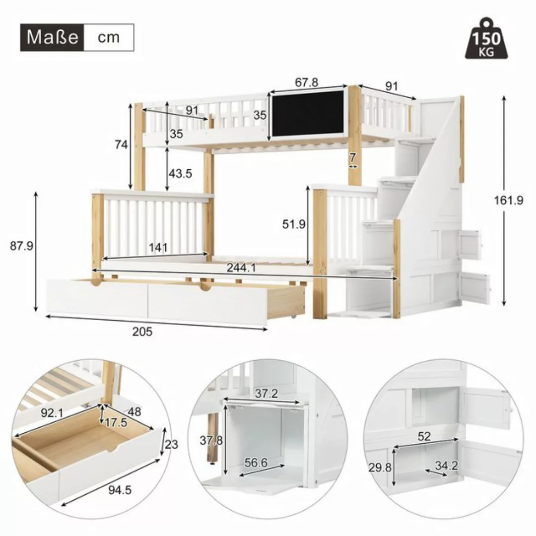 MODFU Etagenbett Kinderbett, mit Tafel Treppe Schubladen 90x200cm+140x200cm günstig online kaufen