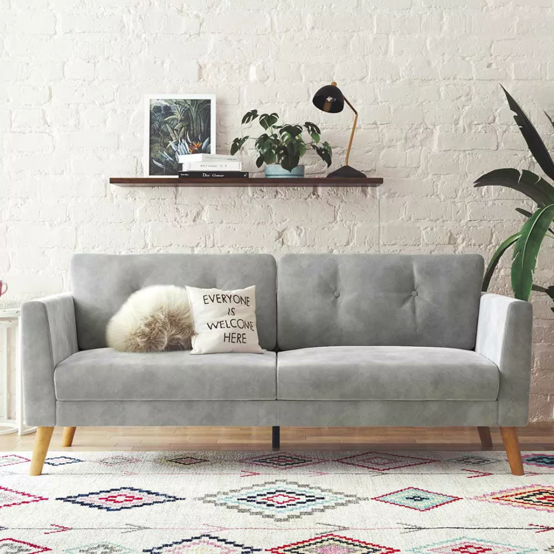 Dreisitzer Sofa hellgrau Retro mit Bezugsstoff Samt günstig online kaufen