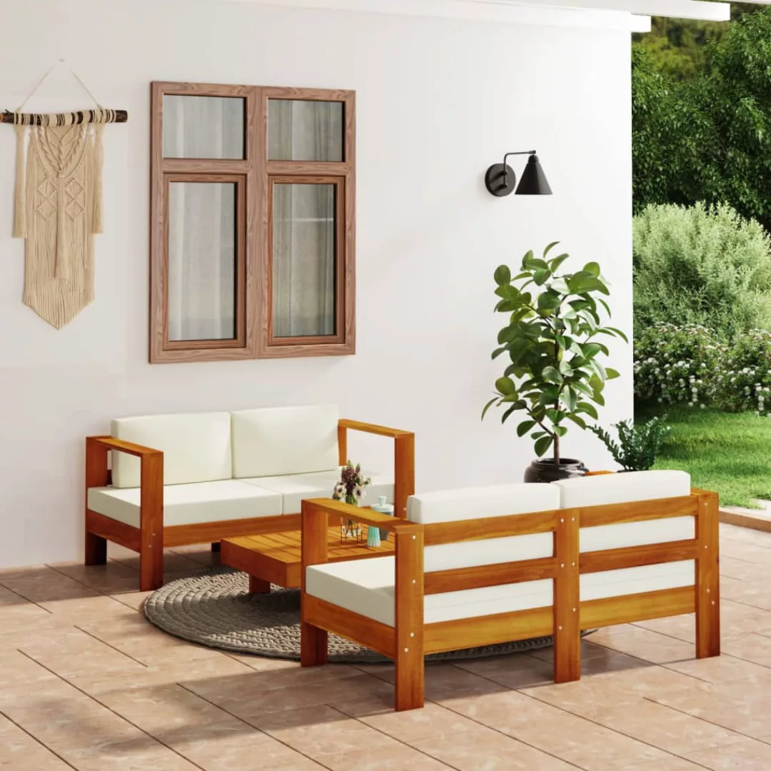 Vidaxl 3-tlg. Garten-lounge-set Mit Cremeweißen Kissen Massivholz günstig online kaufen