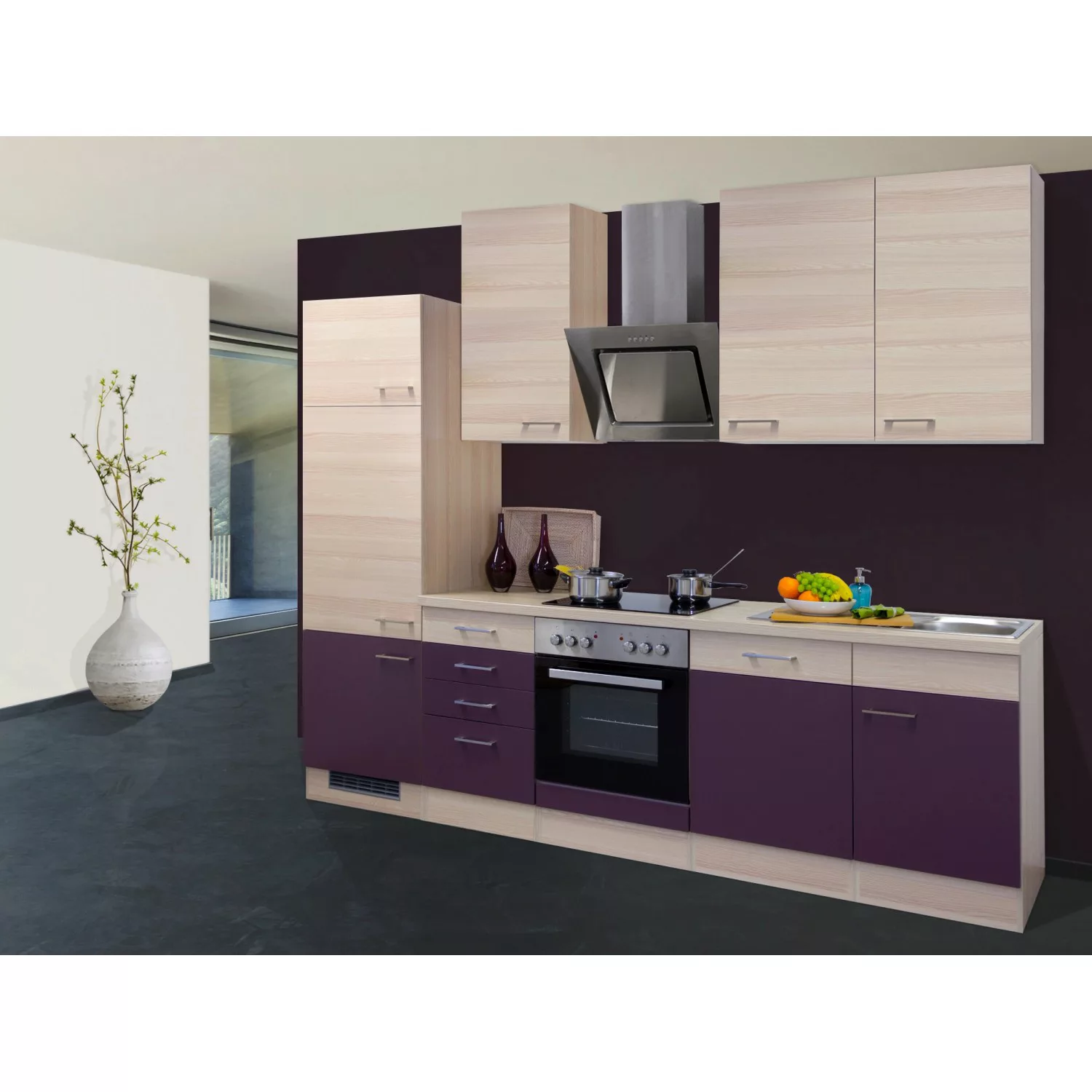 Flex-Well Exclusiv Küchenzeile Focus 280 cm Akazie Nachbildung Aubergine günstig online kaufen
