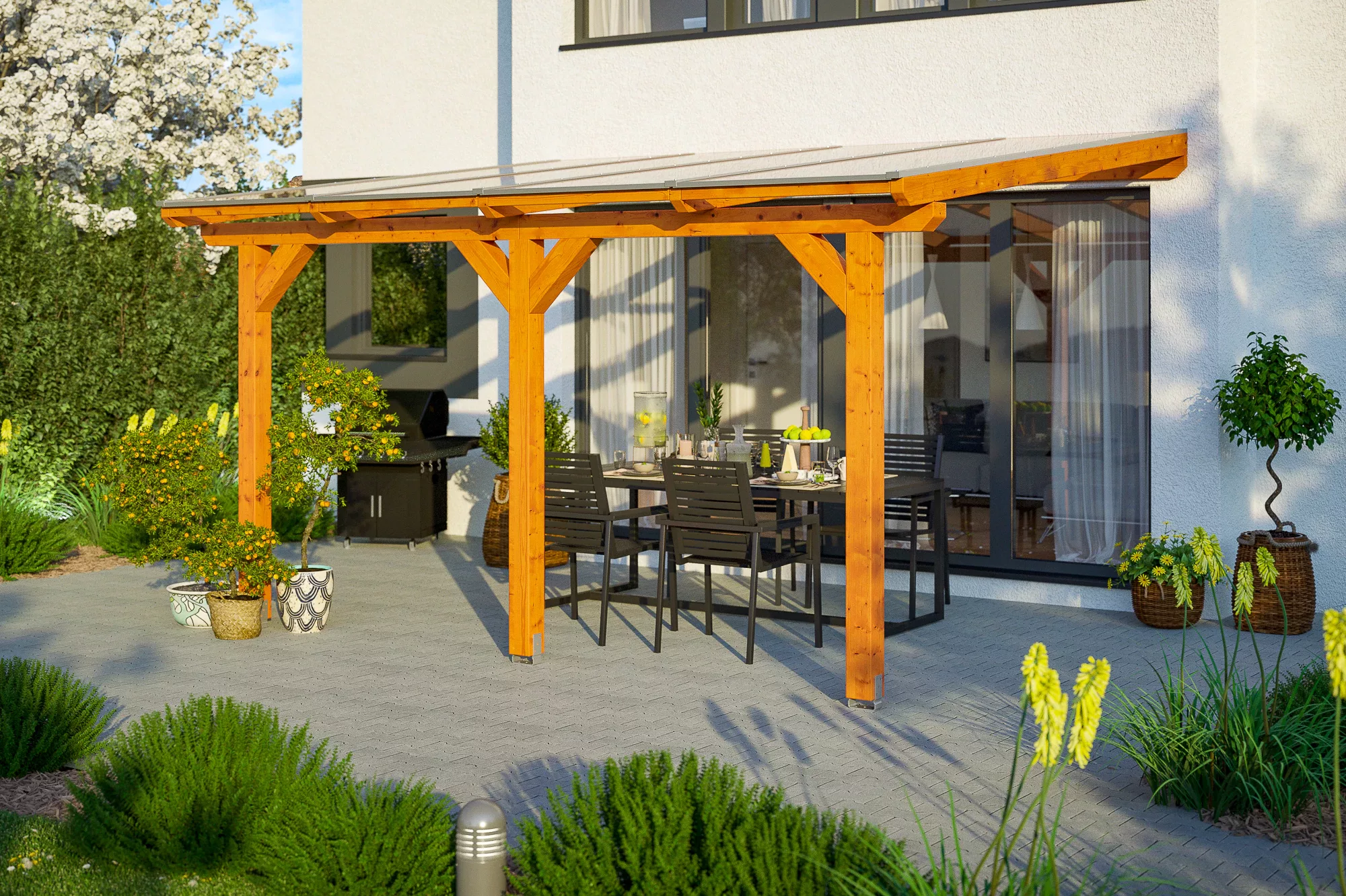 Skan Holz Terrassenüberdachung Andria 434 x 300 cm Leimholz Nussbaum günstig online kaufen
