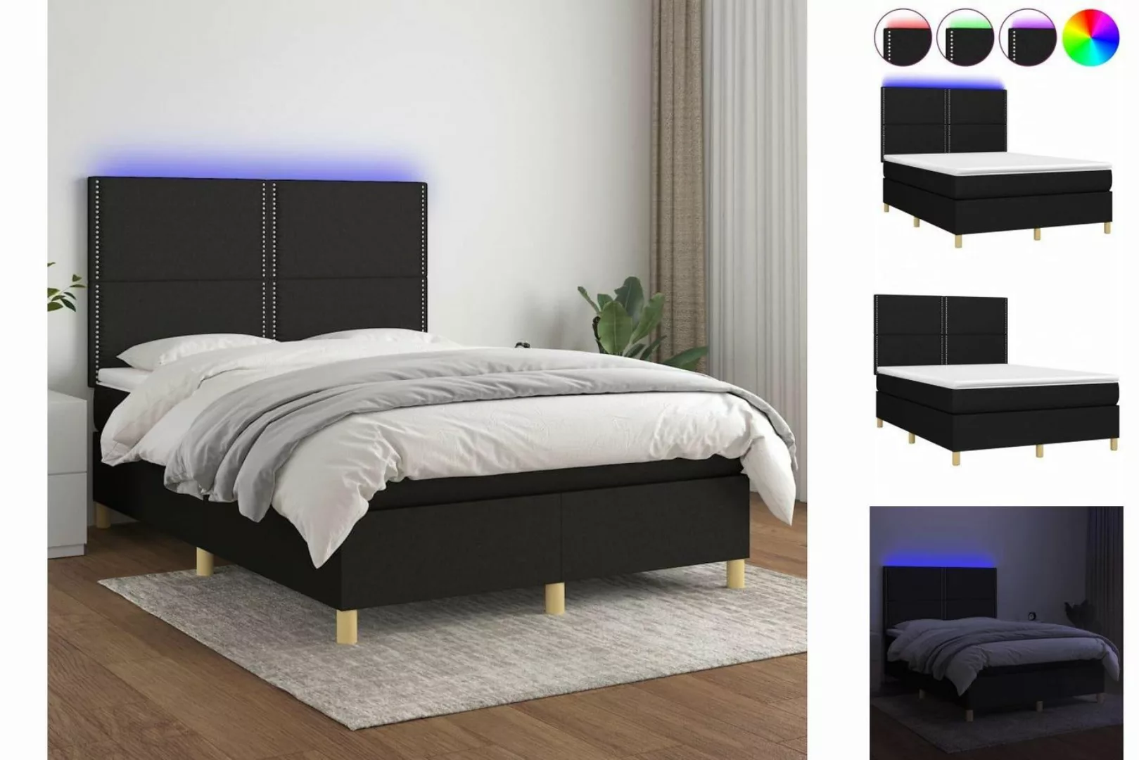 vidaXL Bettgestell Boxspringbett mit Matratze LED Schwarz 140x200 cm Stoff günstig online kaufen