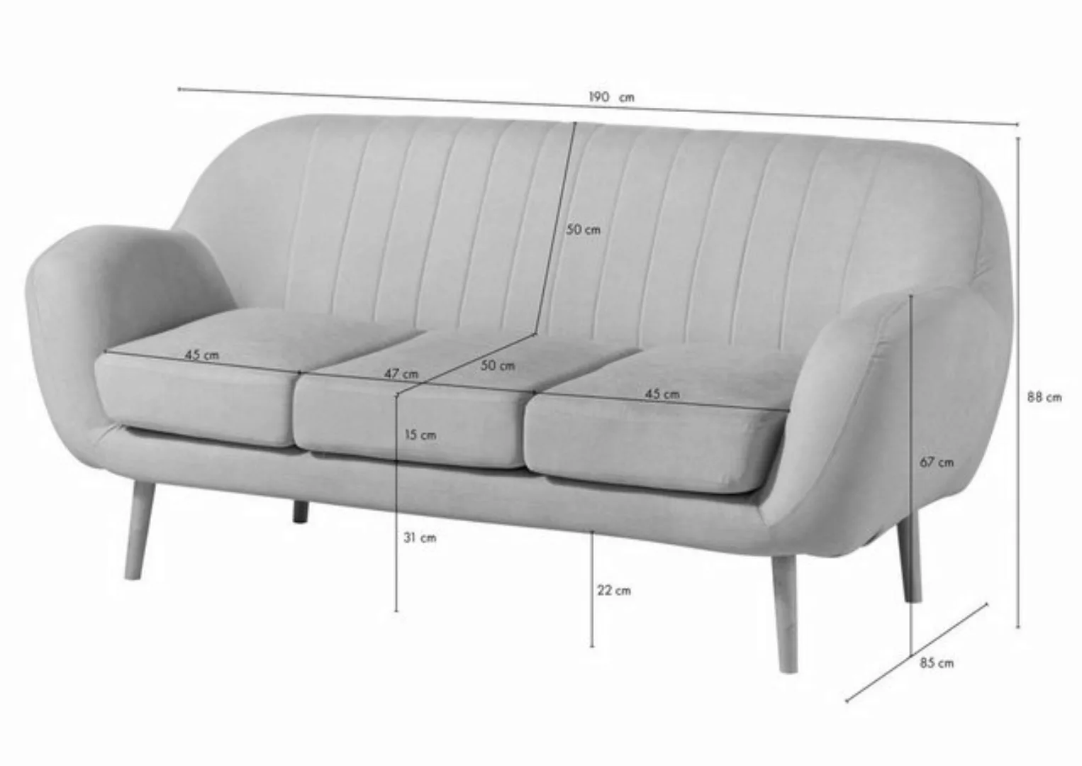 Massivmoebel24 Sofa Sofa 3-Sitzer 190x85x88 grau HOLMA günstig online kaufen