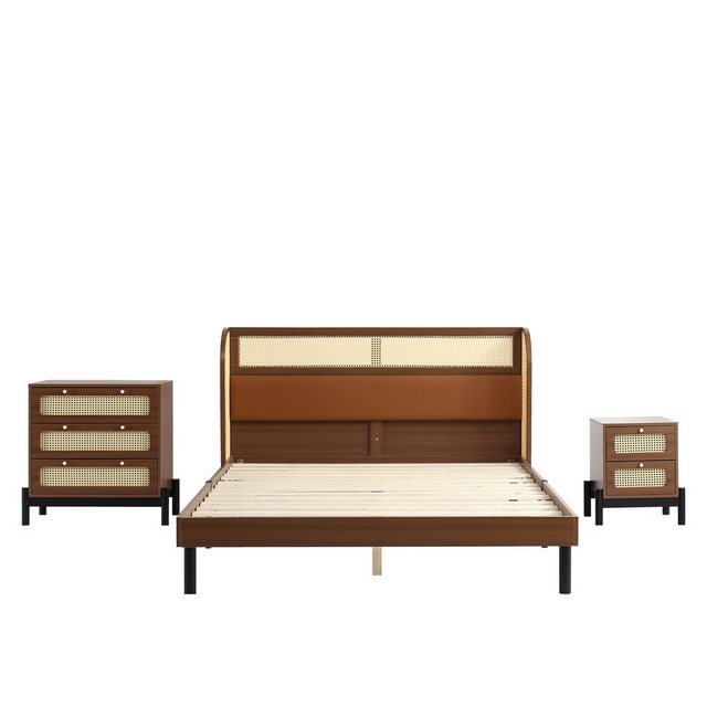 HAUSS SPLOE Polsterbett 3-tlg. 160x200cm Doppelbett+Nachttisch+Kommode Kief günstig online kaufen