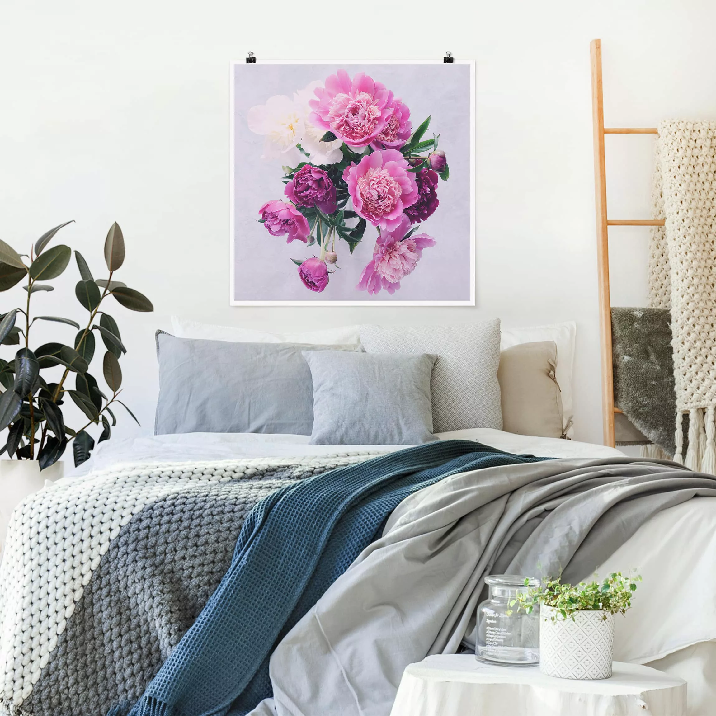 Poster Blumen - Quadrat Pfingstrosen Shabby Rosa Weiß günstig online kaufen