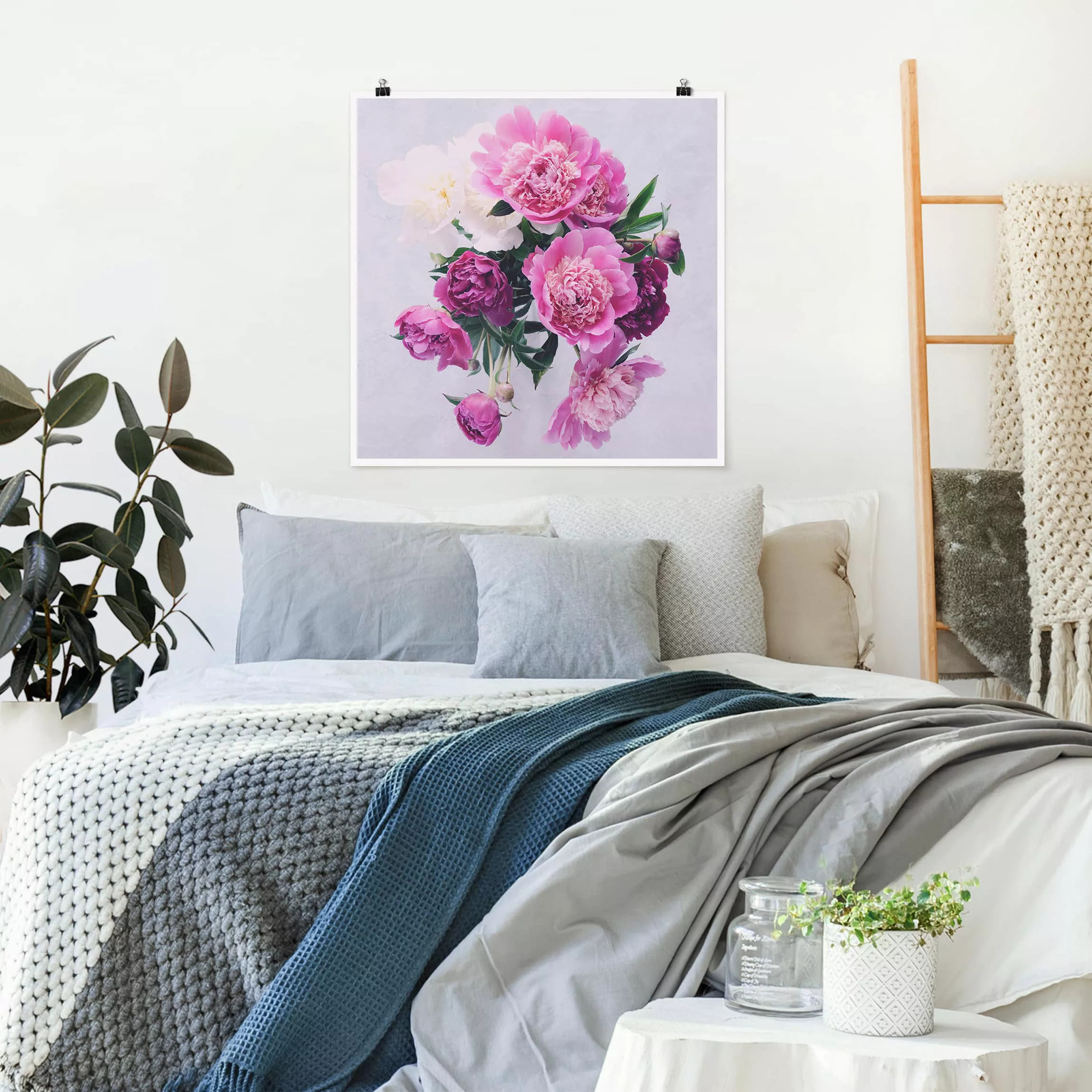 Poster - Quadrat Pfingstrosen Shabby Rosa Weiß günstig online kaufen