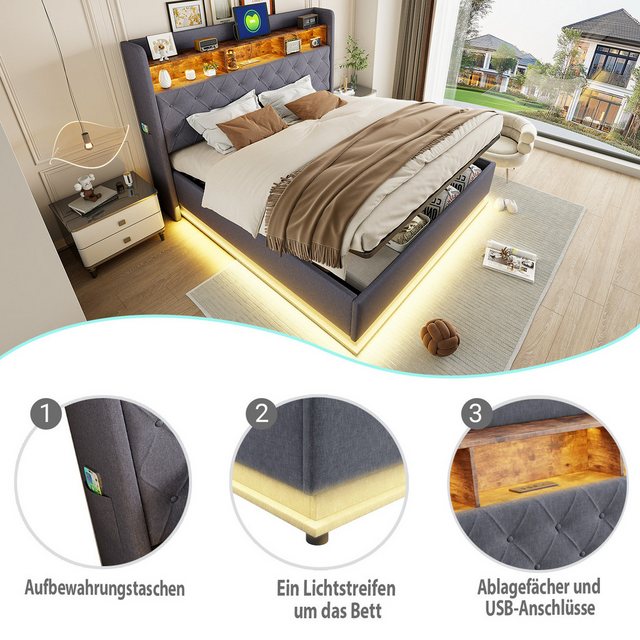 Flieks Polsterbett, LED Doppelbett 180x200cm mit USB-Ladefunktion & hydraul günstig online kaufen