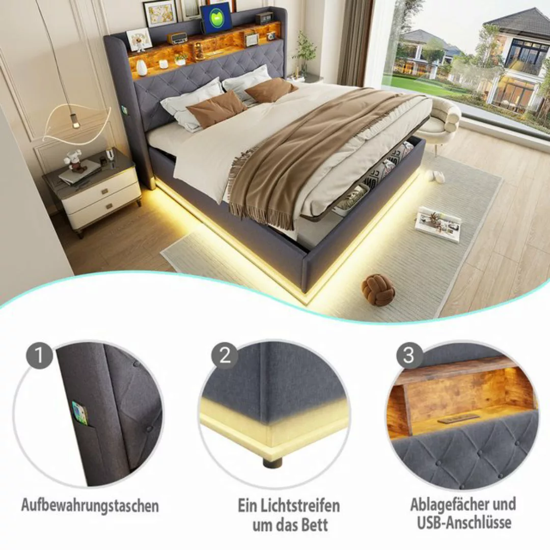 Flieks Polsterbett, LED Doppelbett 160x200cm mit USB-Ladefunktion & hydraul günstig online kaufen