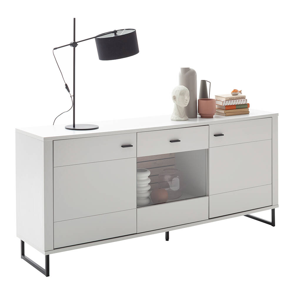 Sideboard, weiß mit Eiche-Lamellen, LAUREANA-05 günstig online kaufen