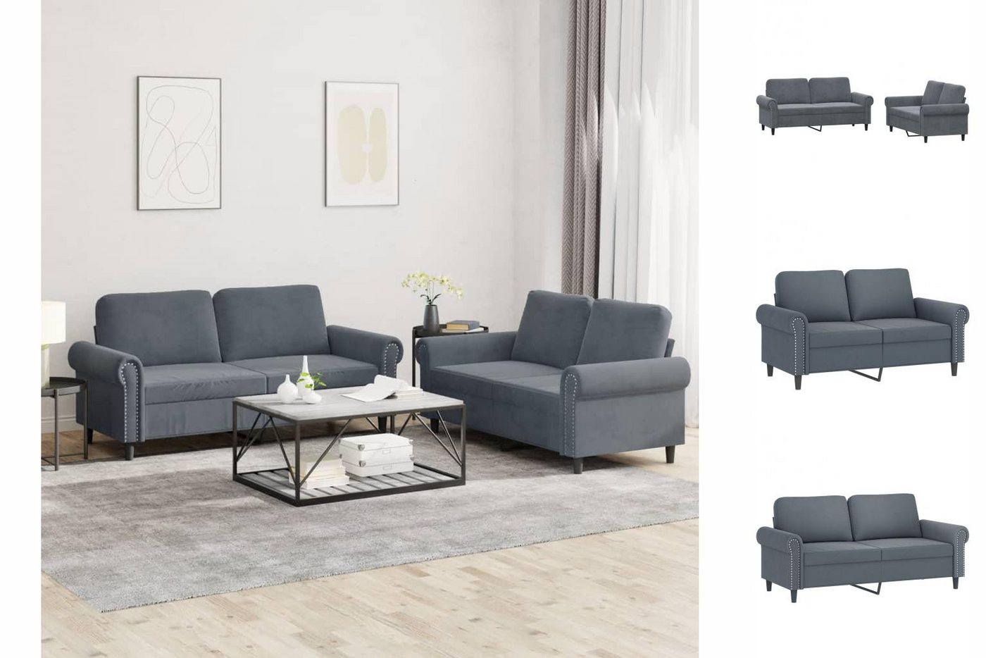 vidaXL Sofa 2-tlg Sofagarnitur mit Kissen Dunkelgrau Samt günstig online kaufen