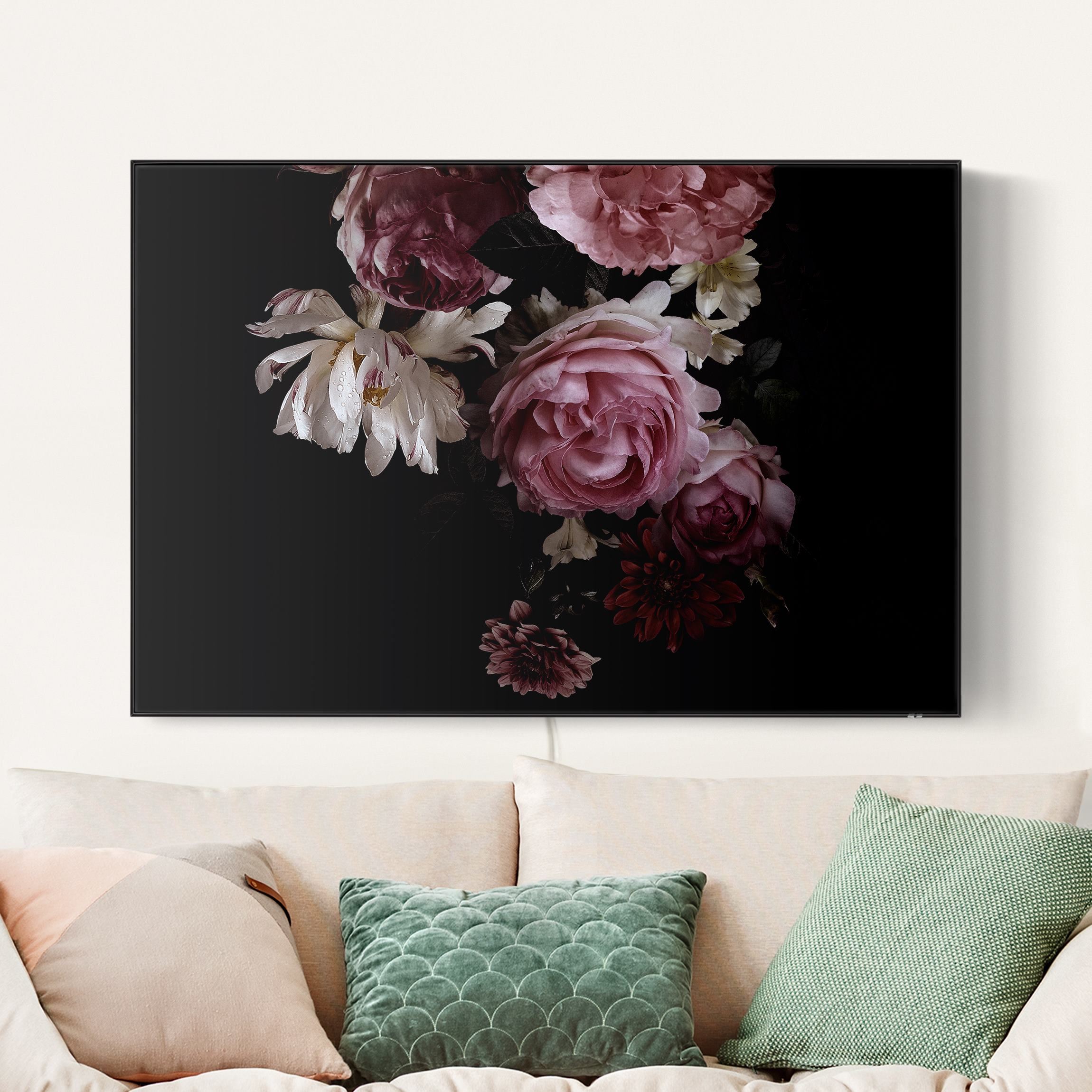 LED-Wechselbild Rosa Blumen auf Schwarz Vintage günstig online kaufen