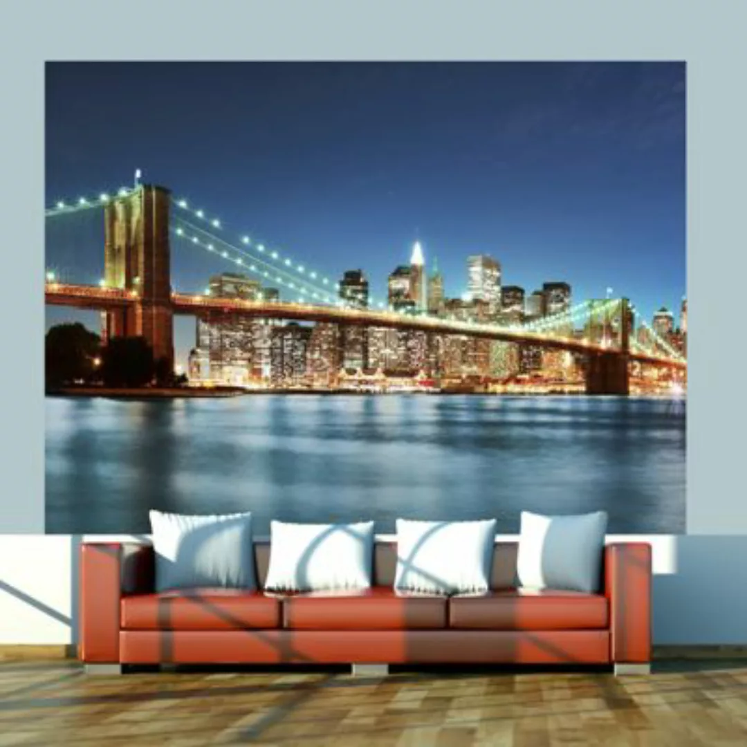 artgeist Fototapete Flimmernde Brooklyn Bridge blau/gold Gr. 300 x 231 günstig online kaufen