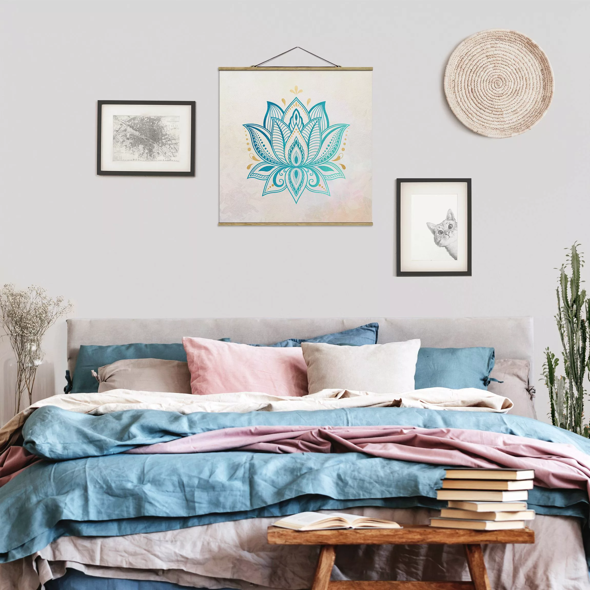 Stoffbild Mandala mit Posterleisten - Quadrat Lotus Illustration Mandala go günstig online kaufen
