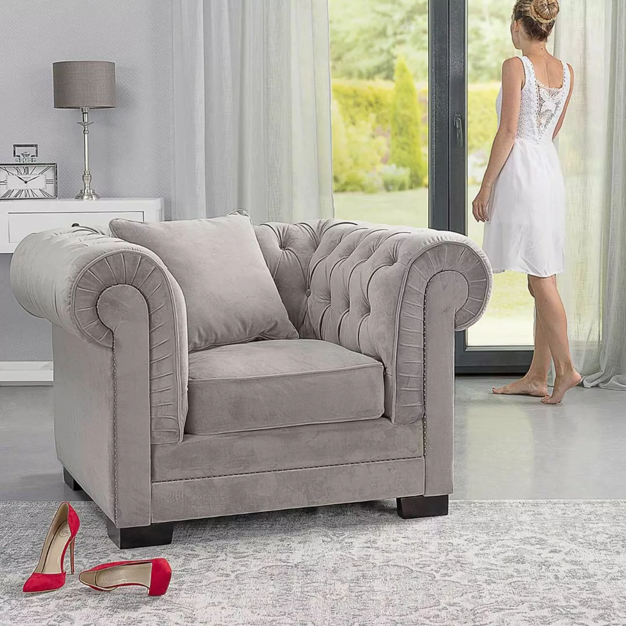 Sessel Chesterfield Classic Velvet Light Grey, 118 x 96 x 77 cm günstig online kaufen