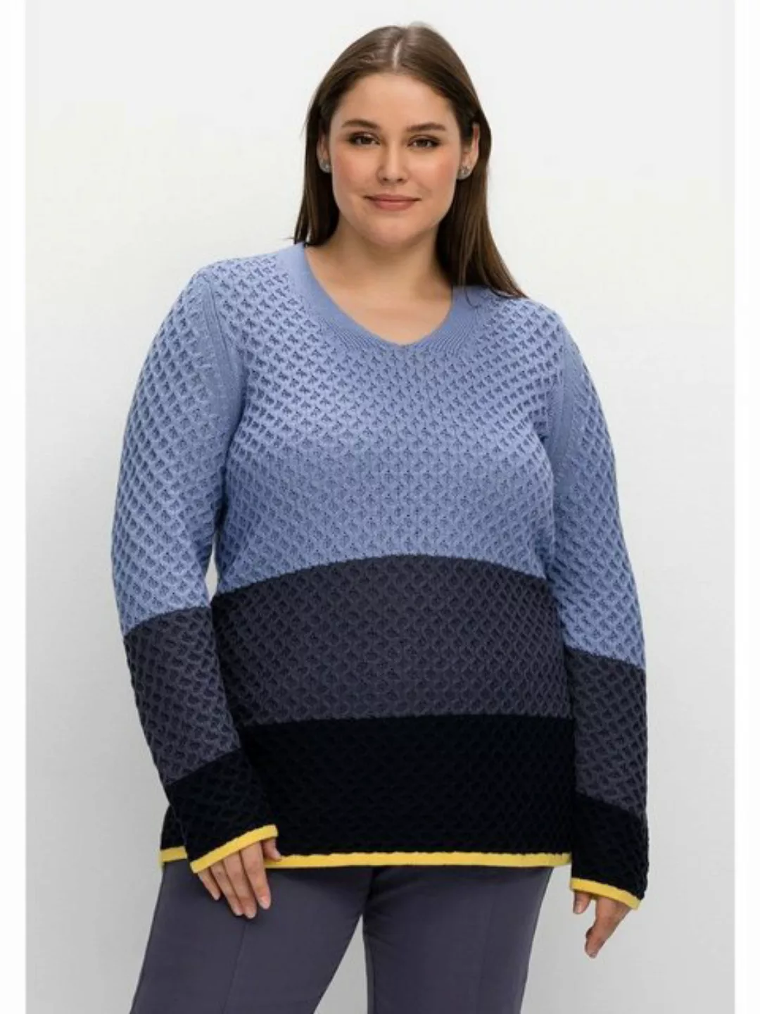Sheego V-Ausschnitt-Pullover "Große Größen", im Wabenstrickmuster, mit Bloc günstig online kaufen