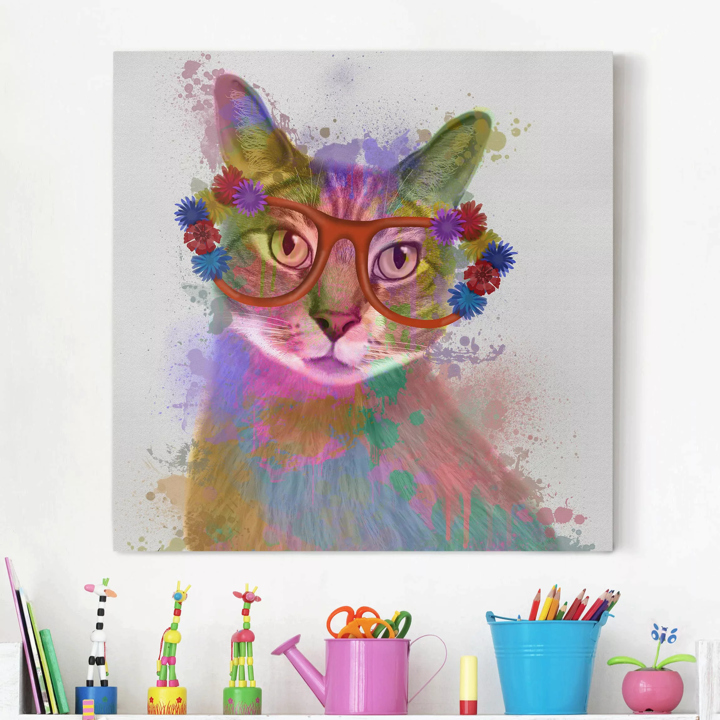 Leinwandbild Kinderzimmer - Quadrat Regenbogen Splash Katze günstig online kaufen