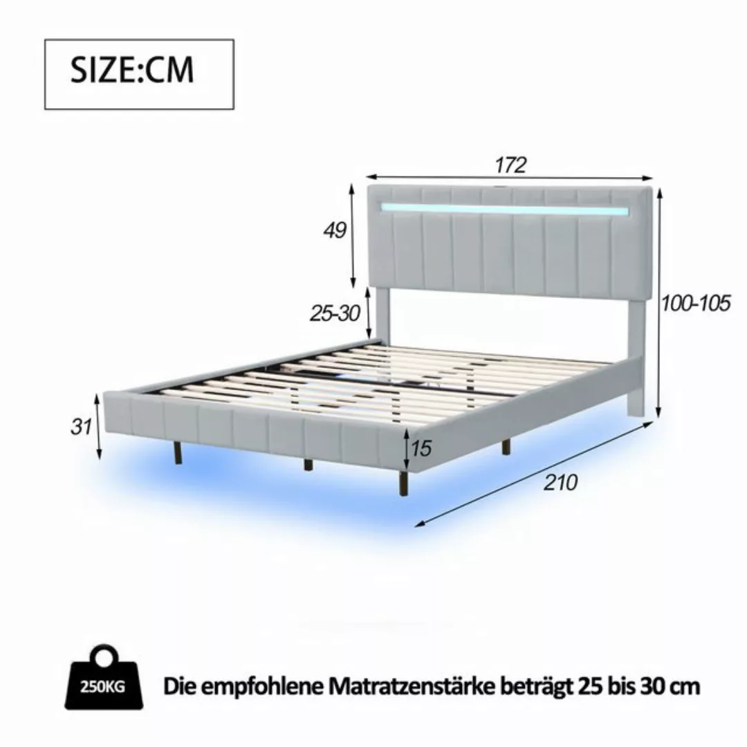 Flieks Polsterbett, LED-Beleuchtung Doppelbett Schwebebettrahmen 160x200cm günstig online kaufen