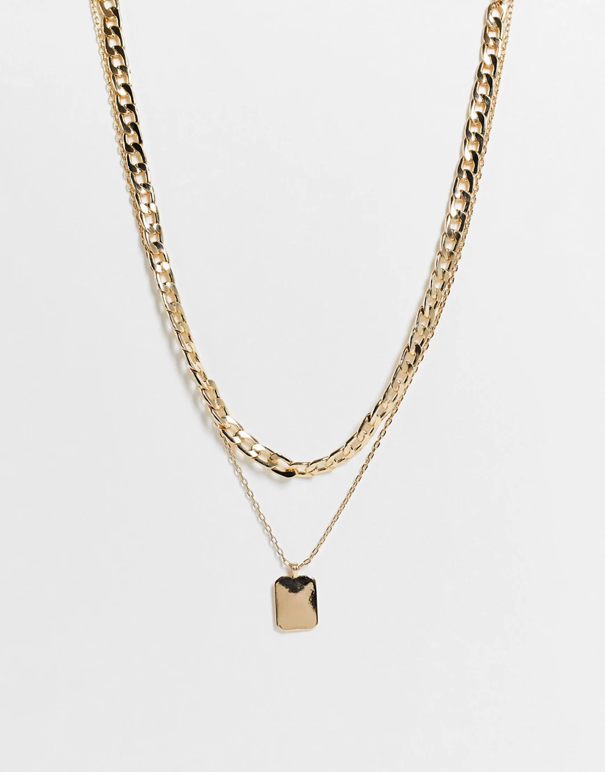 ASOS DESIGN – Mehrreihige, goldfarbene Halskette mit eckigem Anhänger günstig online kaufen