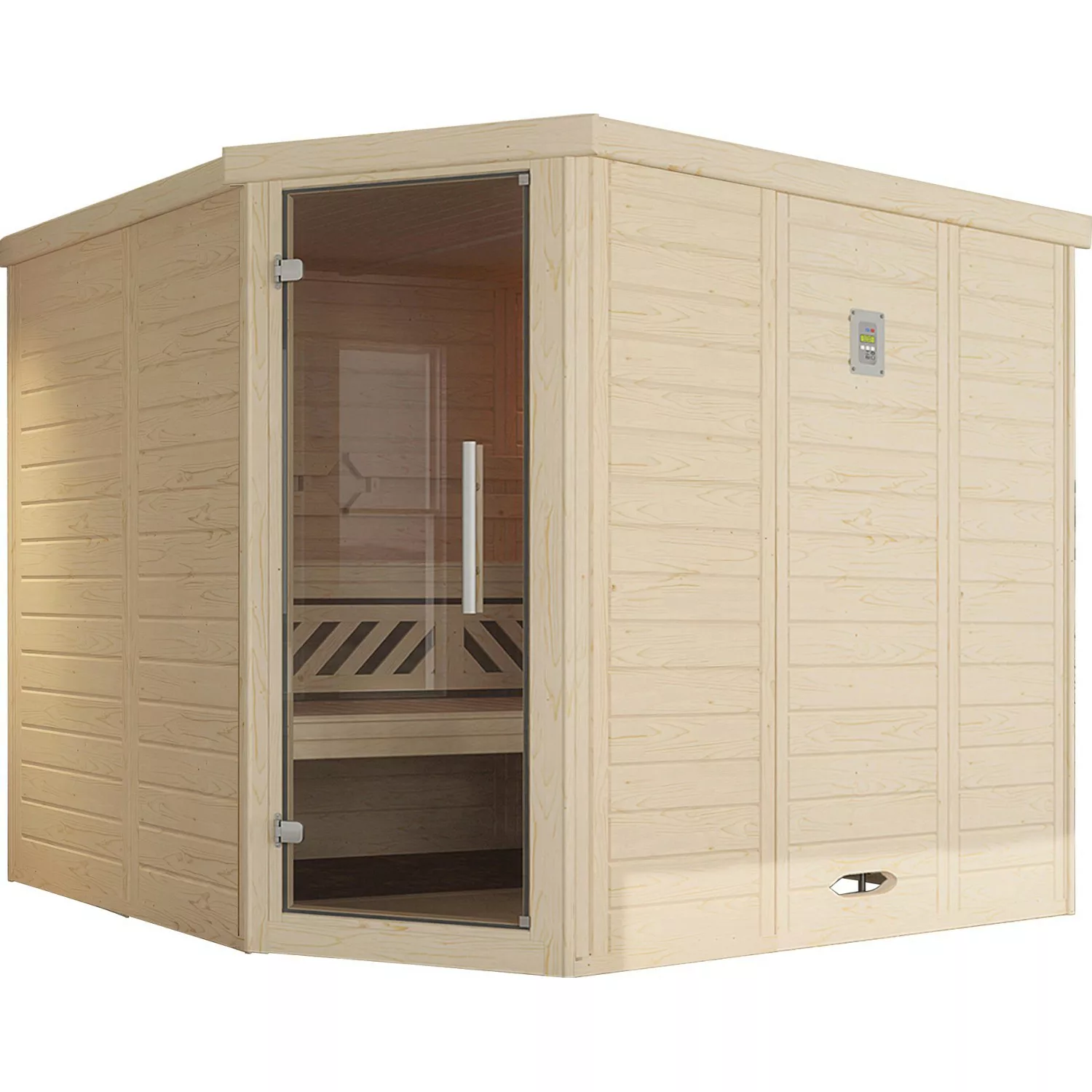 Weka Massivholzelementsauna Kemi Eck 2 Sparset 9 kW BioS Glastür günstig online kaufen