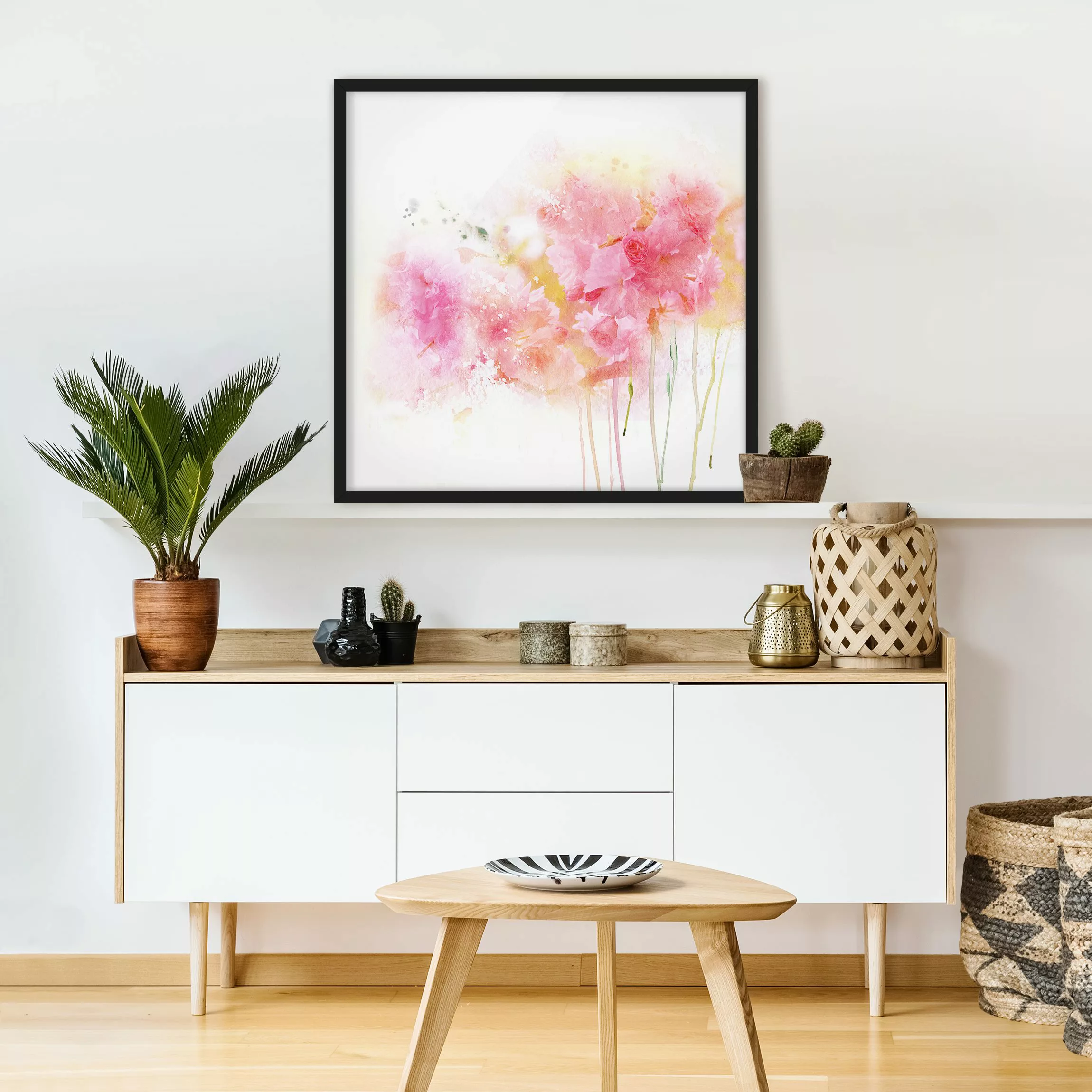 Bild mit Rahmen Blumen - Quadrat Aquarell Blumen Pfingstrosen günstig online kaufen