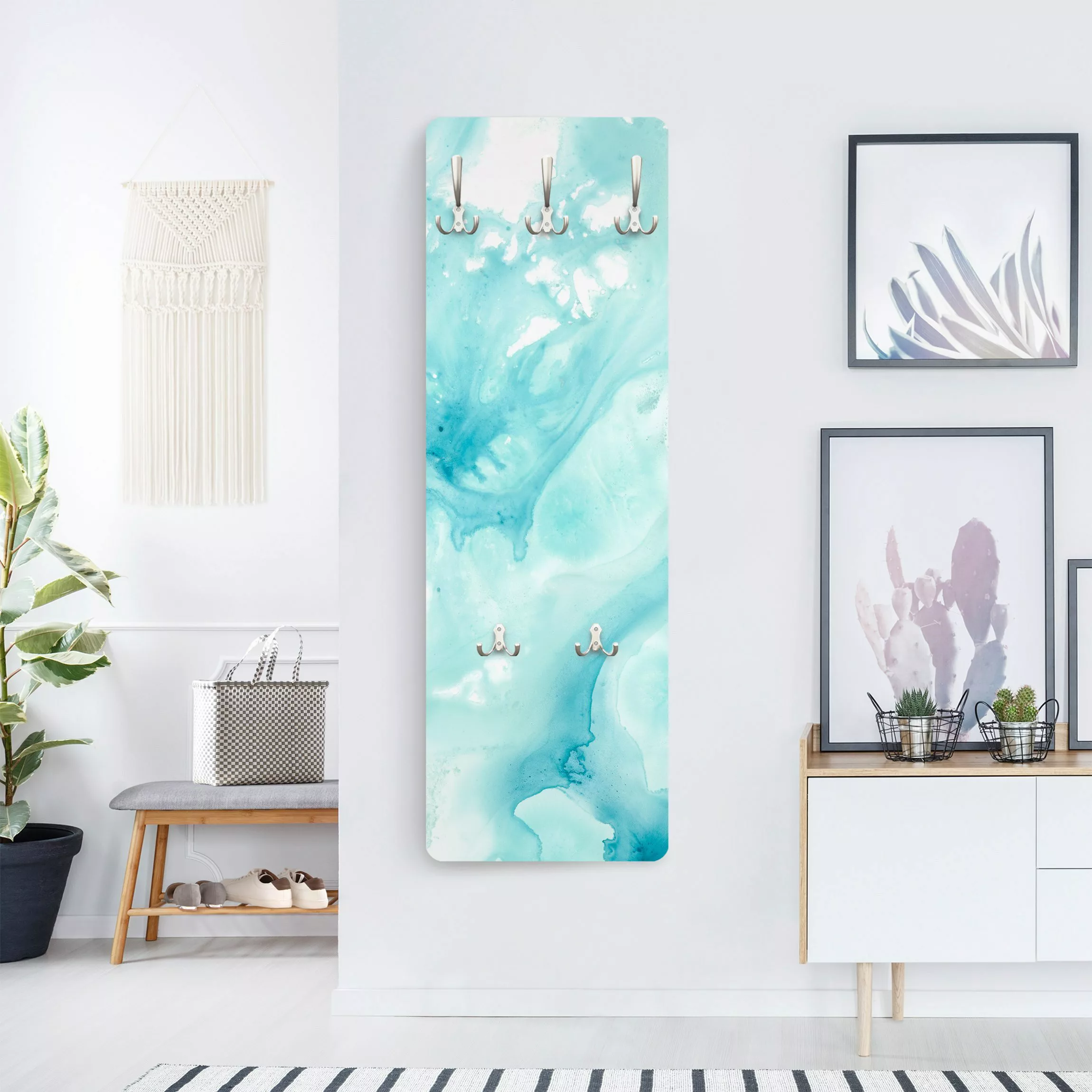 Wandgarderobe Holzpaneel Abstrakt Emulsion in weiß und türkis I günstig online kaufen