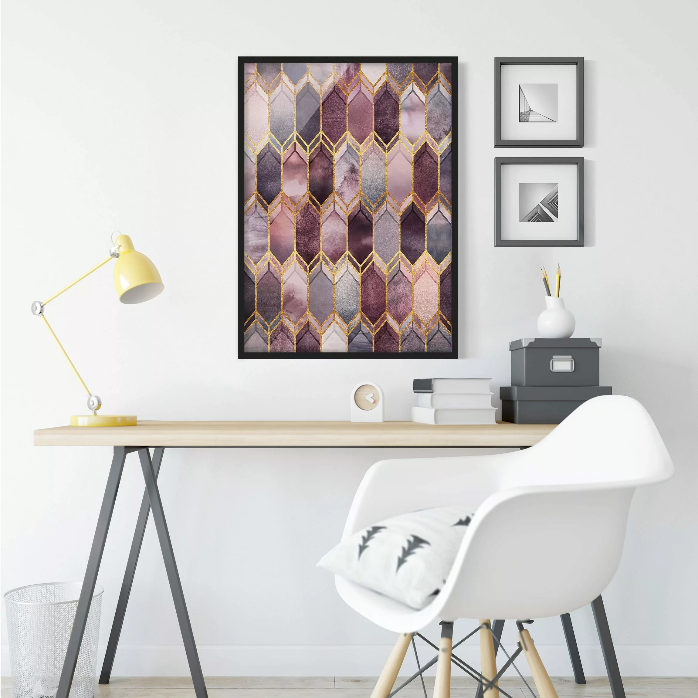 Bild mit Rahmen Abstrakt - Hochformat Glasmalerei geometrisch Rosé Gold günstig online kaufen