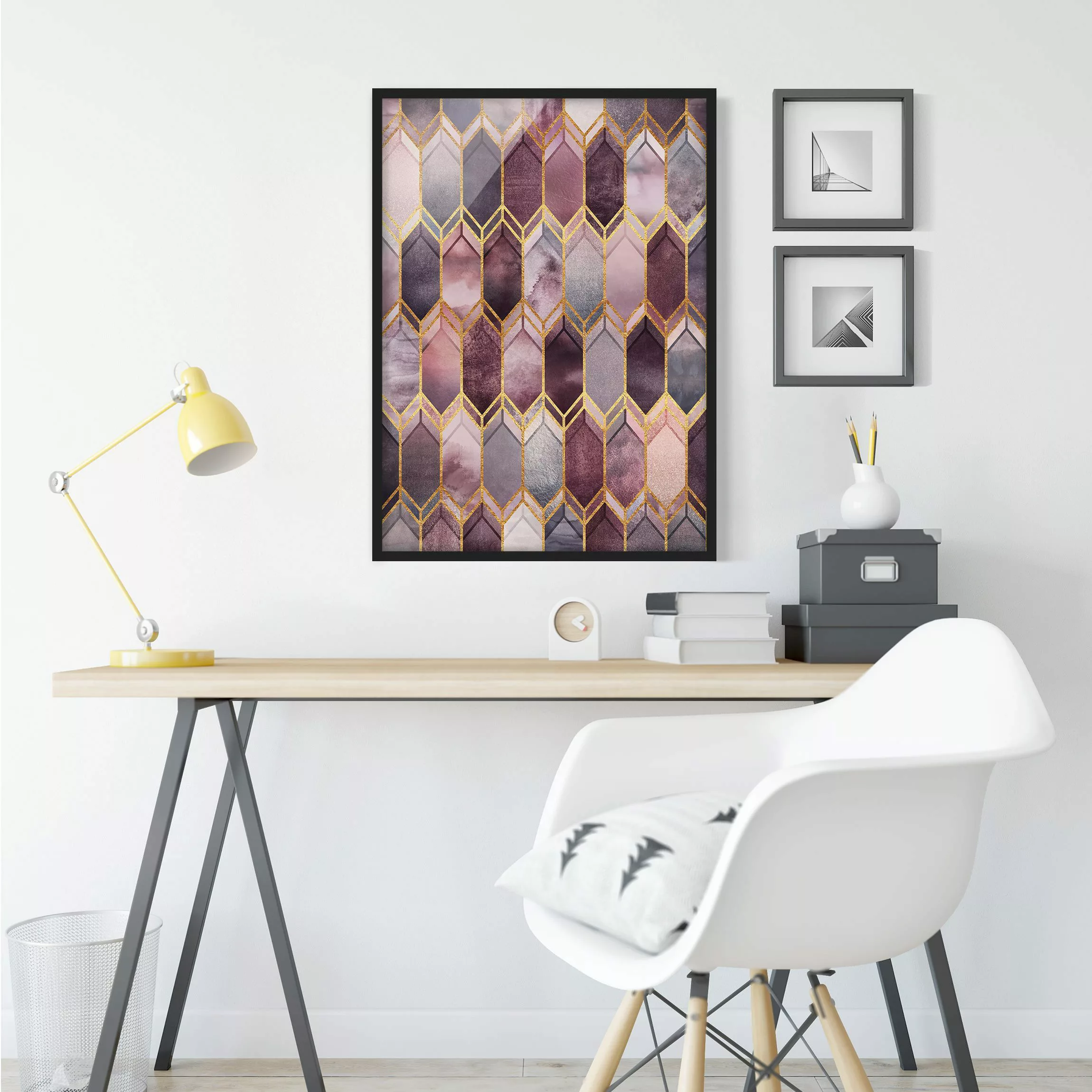 Bild mit Rahmen - Hochformat Glasmalerei geometrisch Rosé Gold günstig online kaufen