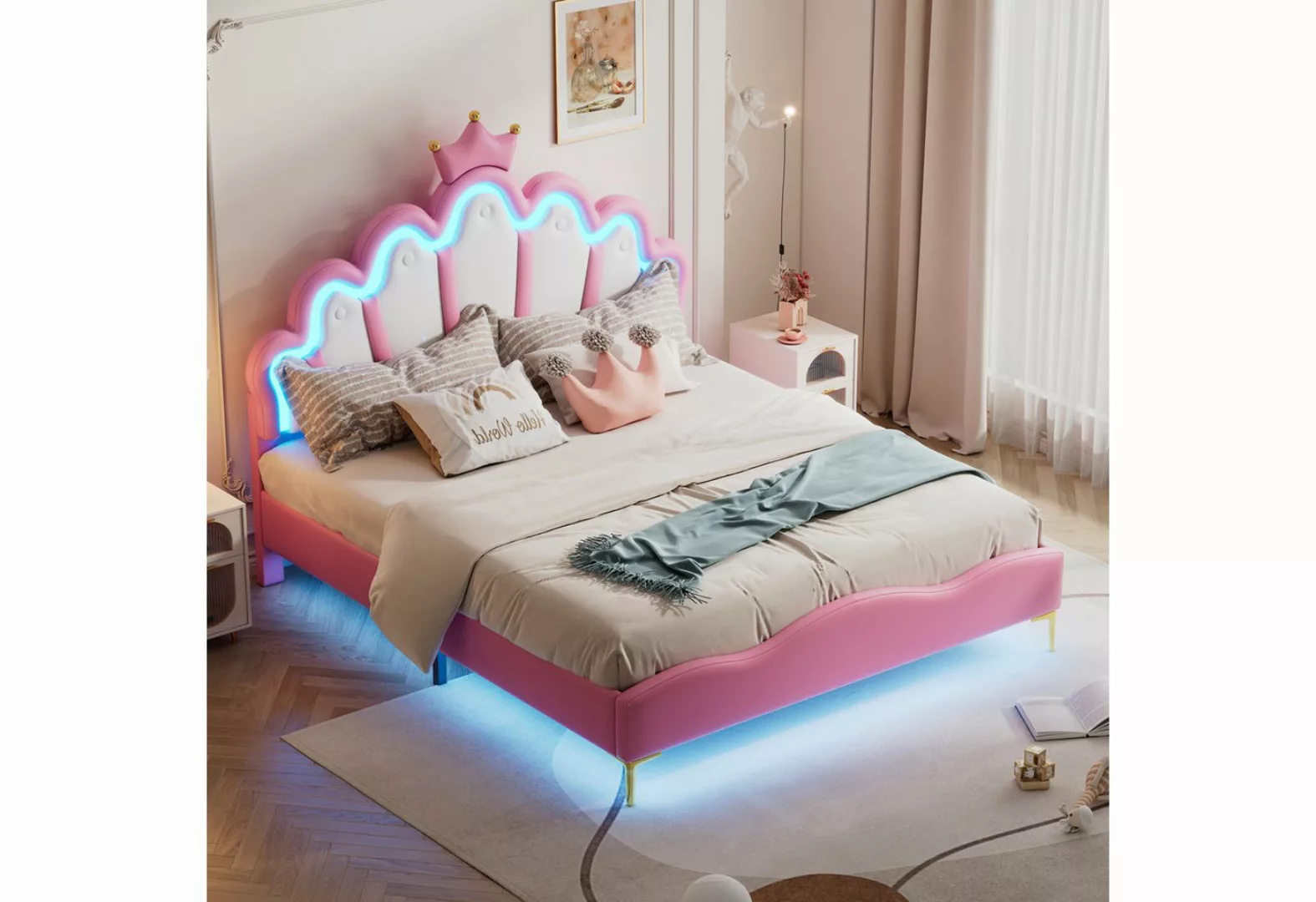 Odikalo Kinderbett Jugendbett Polsterbett Kronenform Leder LED-Licht Rosa/W günstig online kaufen