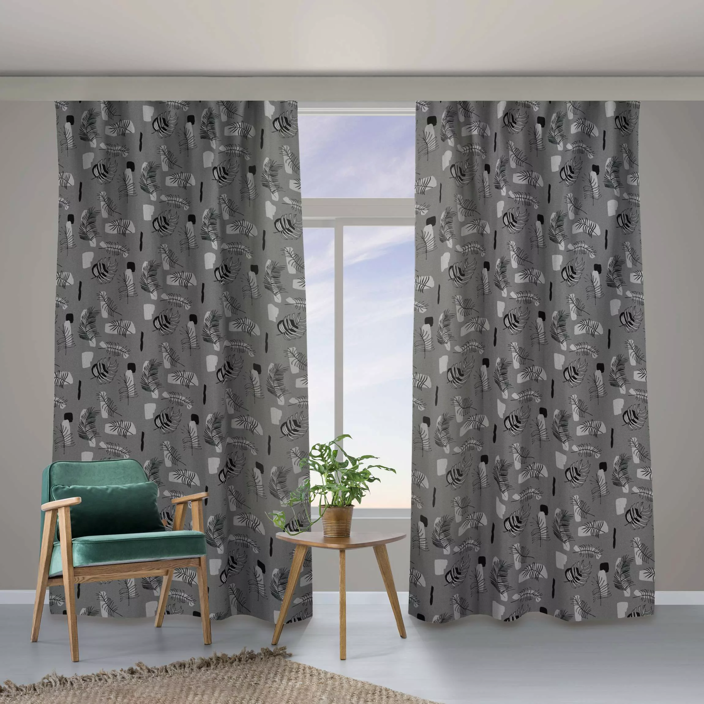Vorhang Abstraktes Muster mit Palmblätter - Grau günstig online kaufen